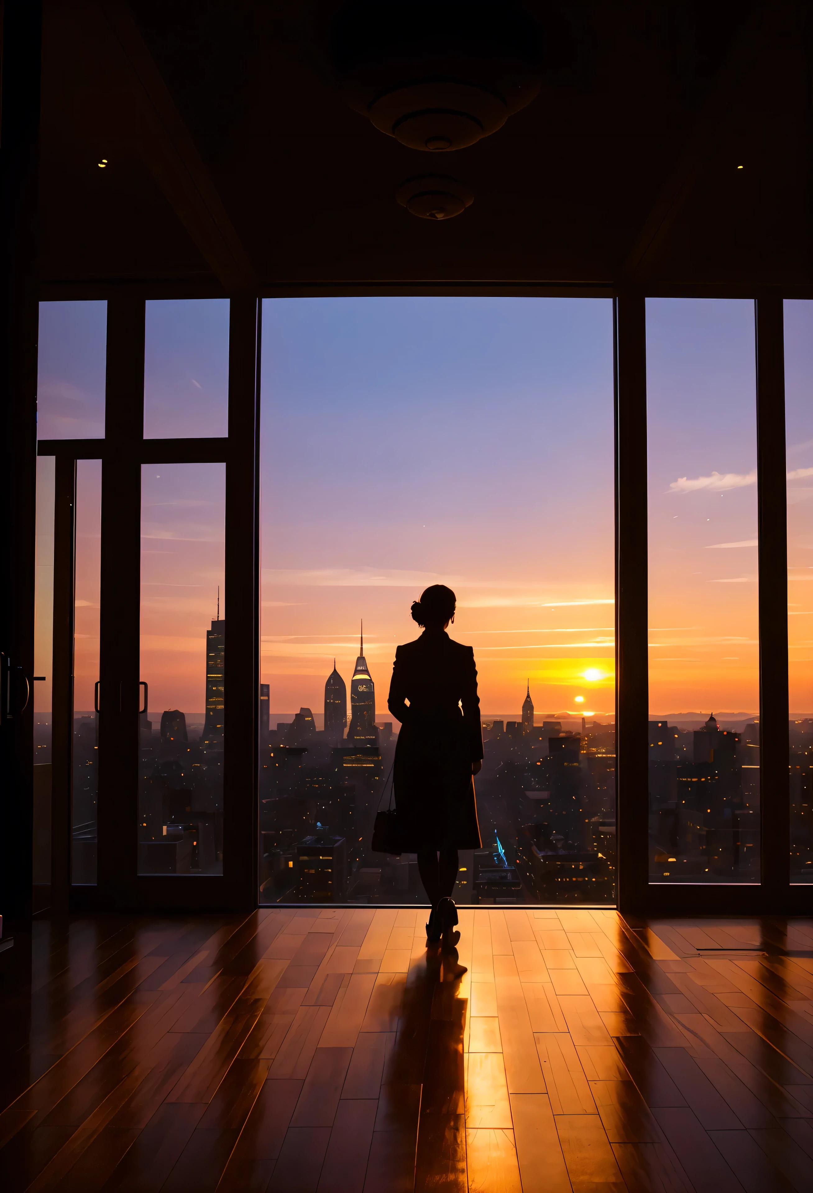 The image would feature a woman, silhouetted against the warm glow of the setting sun, as she gazes out of her office window. The office is high within a skyscraper, and through the window, we see a tapestry of other towering structures, bathed in the golden hues of the evening. The cityscape below is a labyrinth of lights and shadows, hinting at the bustling life within each building.