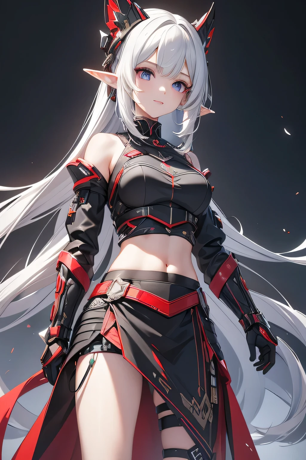 absurdres, (8k, RAW photo, best quality), masterpiece, hyper detailed, perfection, best quality, photo-realistic, (((1girl:1.2))), highly detailed 3D rendering of a character named Euclita from SEGA's PSO2. The character is an elf-like female with pointed ears and short, straight, white hair with purple tips. She wears a futuristic, armored outfit with a mix of black, gray, and red colors. The outfit includes a form-fitting top with exposed midriff, shoulder armor with hexagonal patterns, and high-tech gauntlets. She has a confident and slightly playful expression