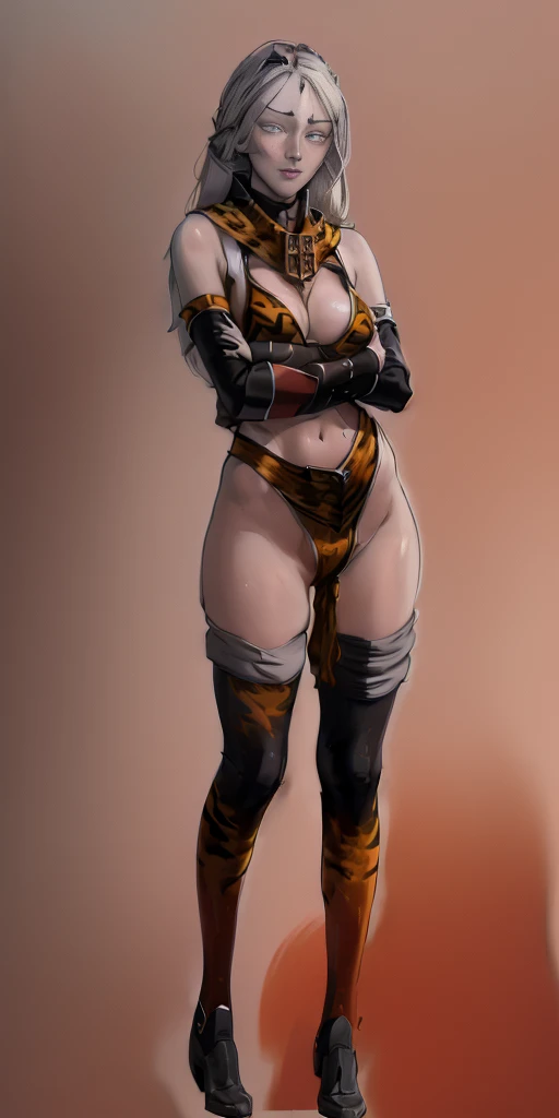 ((Masterpiece, plain background,1:2)) full body standing straight symmetrical against contrapposto yellow tiger print BIKINI stockings sleeves, clenching fists hands on waist hips, navel (Vladilena Milize) (grey eyes:1.5) silver grey long hair, hair between eyelashes, red cheeks smile closed mouth