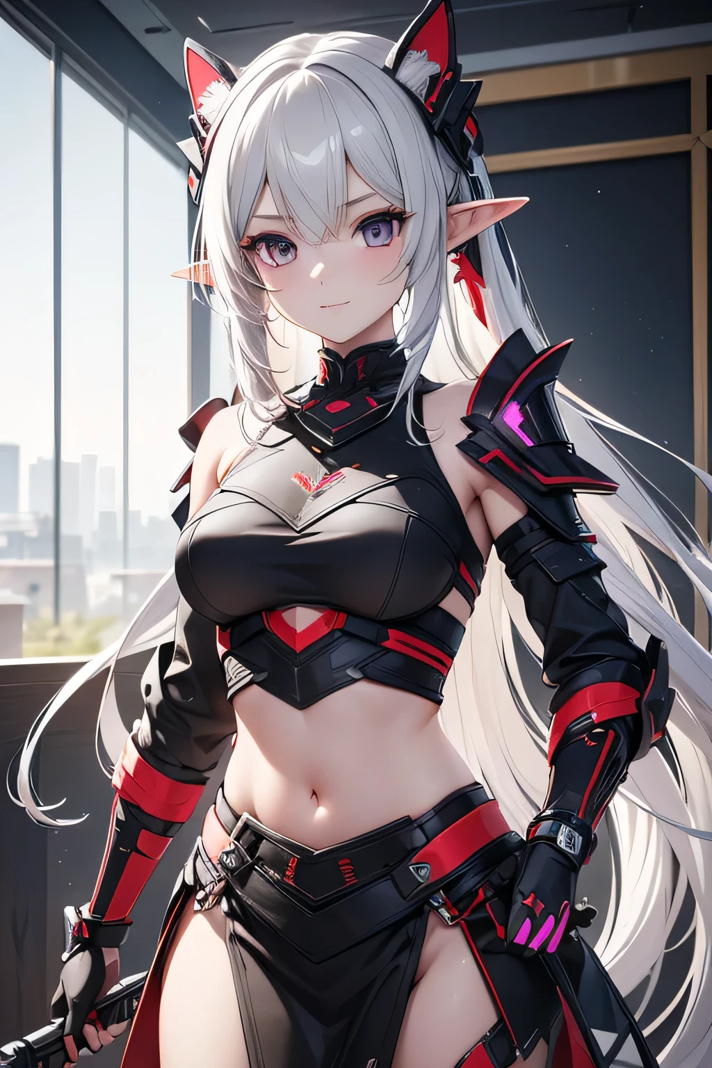 absurdres, (8k, RAW photo, best quality), masterpiece, hyper detailed, perfection, best quality, photo-realistic, (((1girl:1.2))), highly detailed 3D rendering of a character named Euclita from SEGA's PSO2. The character is an elf-like female with pointed ears and short, straight, white hair with purple tips. She wears a futuristic, armored outfit with a mix of black, gray, and red colors. The outfit includes a form-fitting top with exposed midriff, shoulder armor with hexagonal patterns, and high-tech gauntlets. She has a confident and slightly playful expression