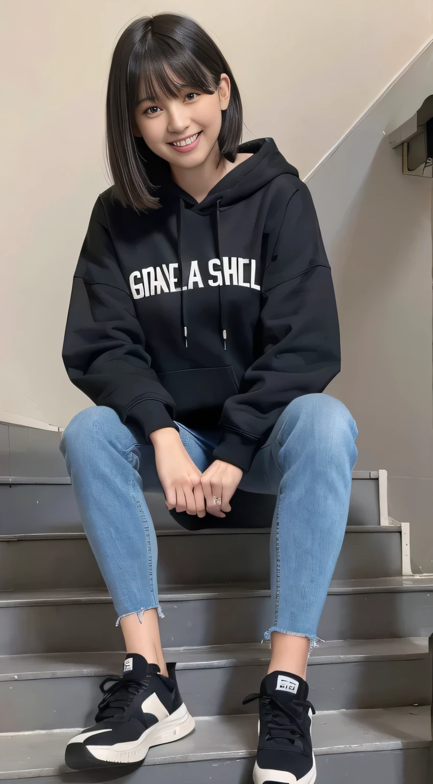 highest quality, Realistic, Very detailed, Finer details, High resolution, 8k wallpaper, One beautiful woman,Sit on the stairs、（Wear black socks）smile、（Beautiful teeth alignment、）（Gums are visible） Oversized hoodie, Skinny jeans,（ Black sneakers）、Black Hair、 Beautiful Bangs、ear piercing、Perfect dynamic composition, Beautiful and detailed, Full Body Shot, A big smile

