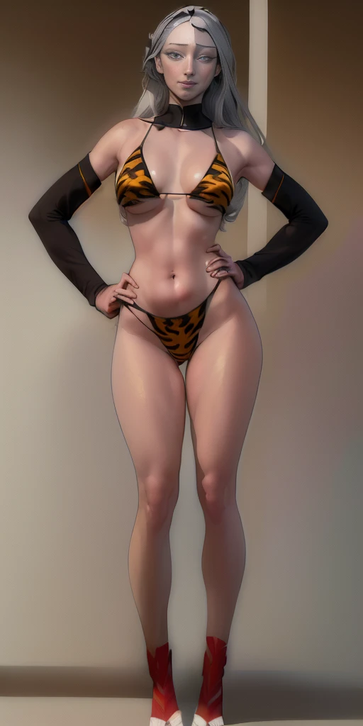 ((Masterpiece, plain background,1:2)) full body standing straight symmetrical against contrapposto yellow tiger print BIKINI stockings sleeves, clenching fists hands on waist hips, navel (Vladilena Milize) (grey eyes:1.5) silver grey long hair, hair between eyelashes, red cheeks smile closed mouth