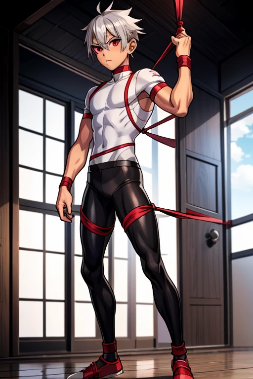 Tied up　string　Fight　Young people　male　　Embarrassing　pull　suffer　Slender　juvenile　anime 　Gray Hair　Brown Skin　Sunburn　Slim body　Red eyes　Big eyes　juvenile体形　Full Body Tights