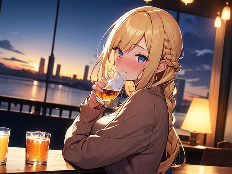 Masterpiece, Top quality, (1 beautiful girl :1.2), Blonde, straight hair, fishtail braid, 24 year old, medium breasts, standard weight, sweater, laugh:1.3, nose blush :1.1, drunk, upturned eyes, beautiful scene of bar, blurry background, magnificent panorama view, drinking alcohol, glass, close up of upper body , from side