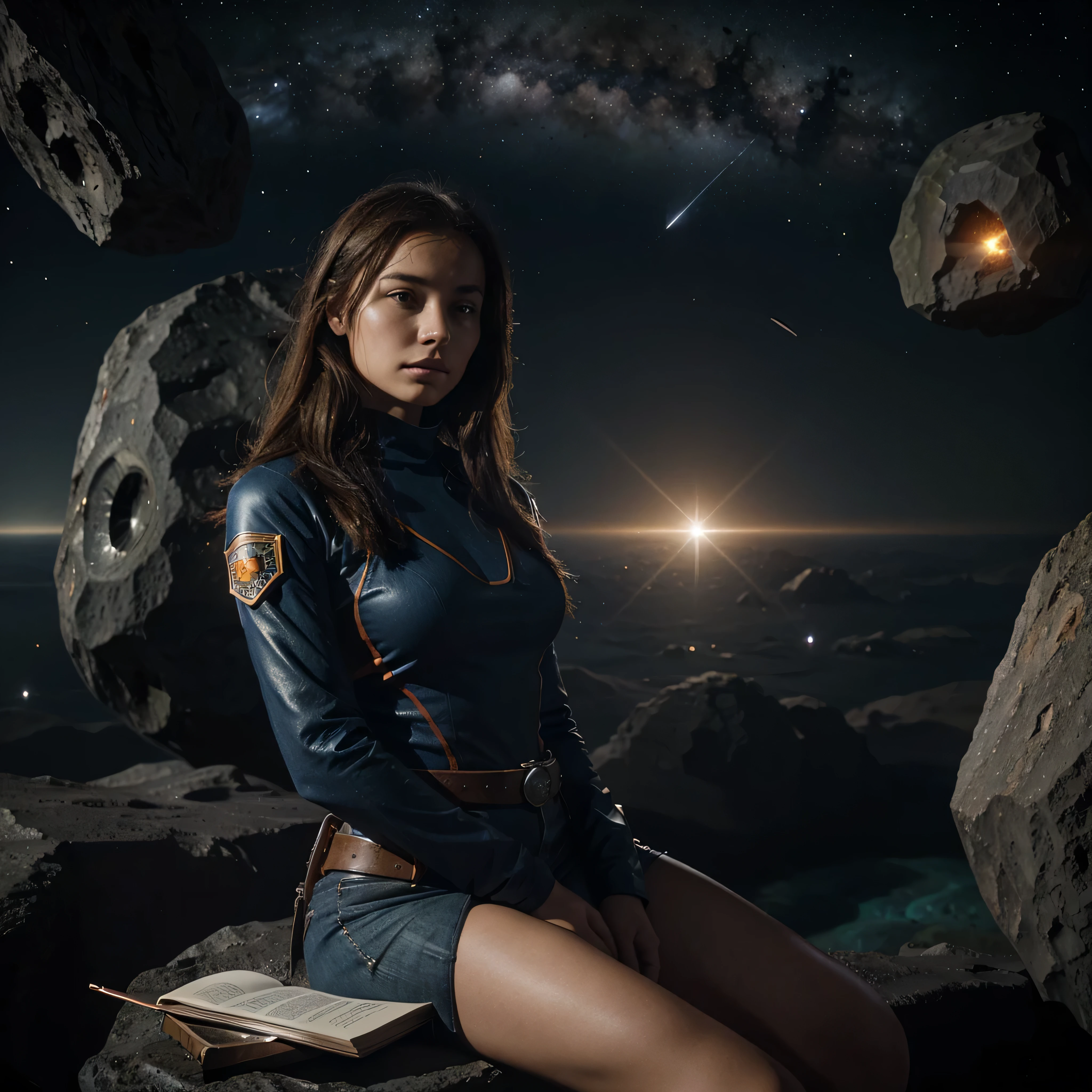 Draw a young, attractive, beautiful woman, sitting on a research platform floating in the middle of an asteroid belt. She is studying with a notebook, surrounded by several asteroids glowing with fiery auras. Dramatic lighting from distant stars and planets illuminates the scene, casting deep shadows on the suit. The young woman looks confident and determined, looking at the vast and mysterious universe with wonder and respect, cowgirl shot,