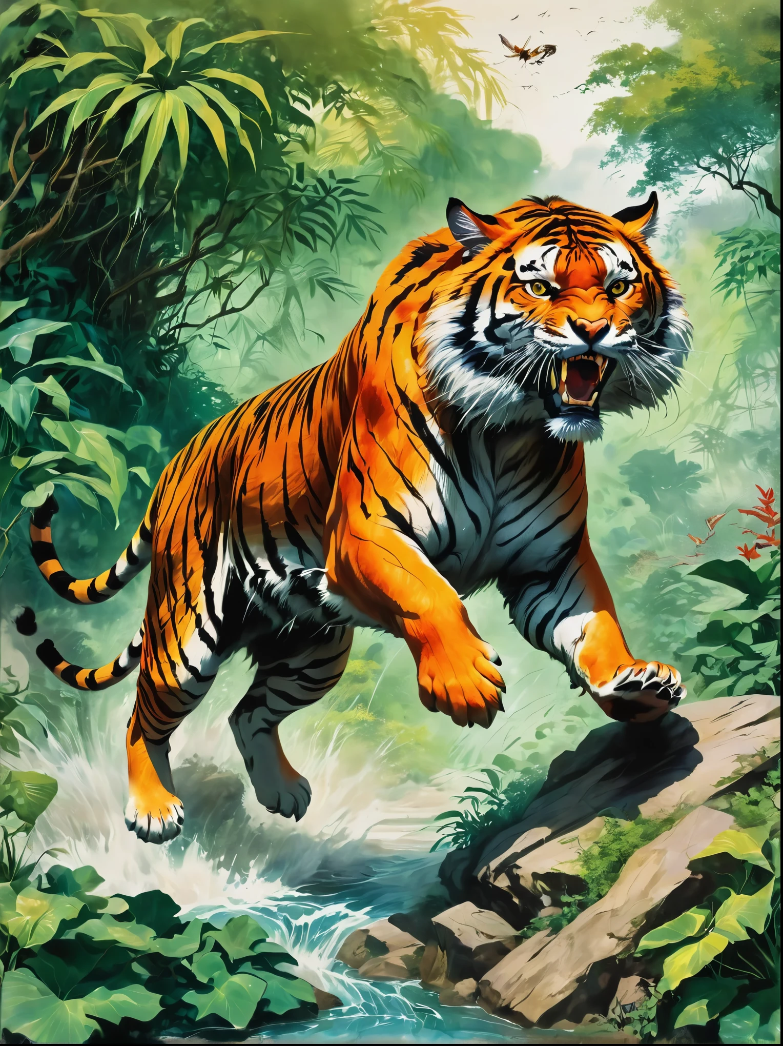 A large, powerful Bengal tiger with vibrant orange and black stripes shown mid-leap with claws extended and teeth bared, The tiger is leaping towards a frightened Caucasian man with brown hair, who is dressed in khaki pants and a red shirt, trying to dodge the attack, The setting is a dense, lush jungle with a thick canopy of trees overhead and green shrubs around, Harm is not depicted; it's a snapshot of a thrilling chase