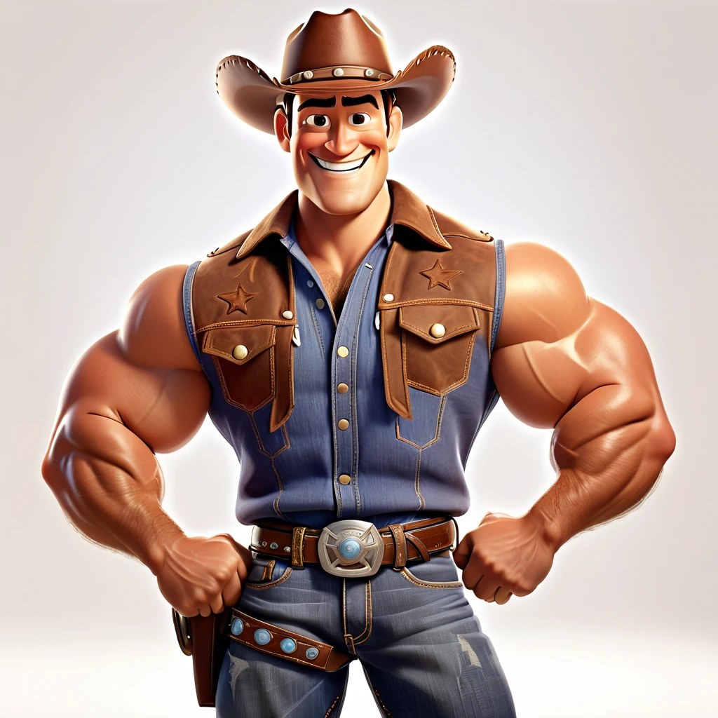 Imagem de estilo Pixar, a muscular cowboy is smiling and flexing on white background.