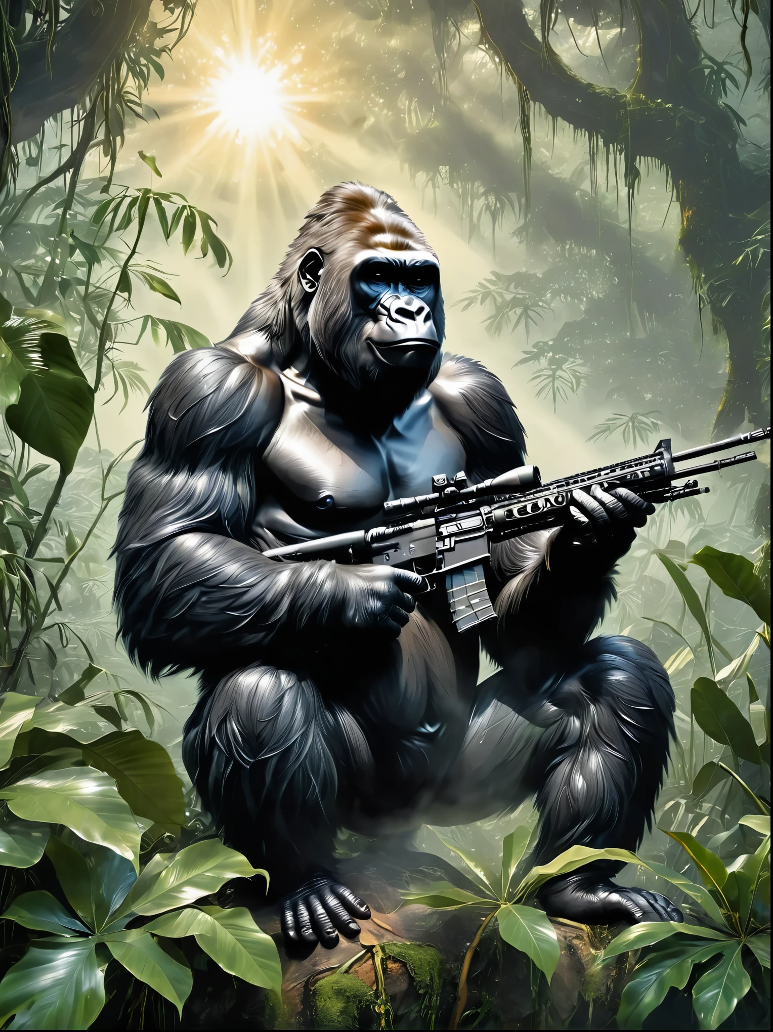 A gorilla depicted as a sniper, with its fur being silver-black, and its eyes focused intensely on the target. The gorilla is holding a camouflage sniper rifle with utmost precision in a misty jungle environment. It can be seen sitting on a high branch of a tree with the evening sun creating shadows among the wet leaves.