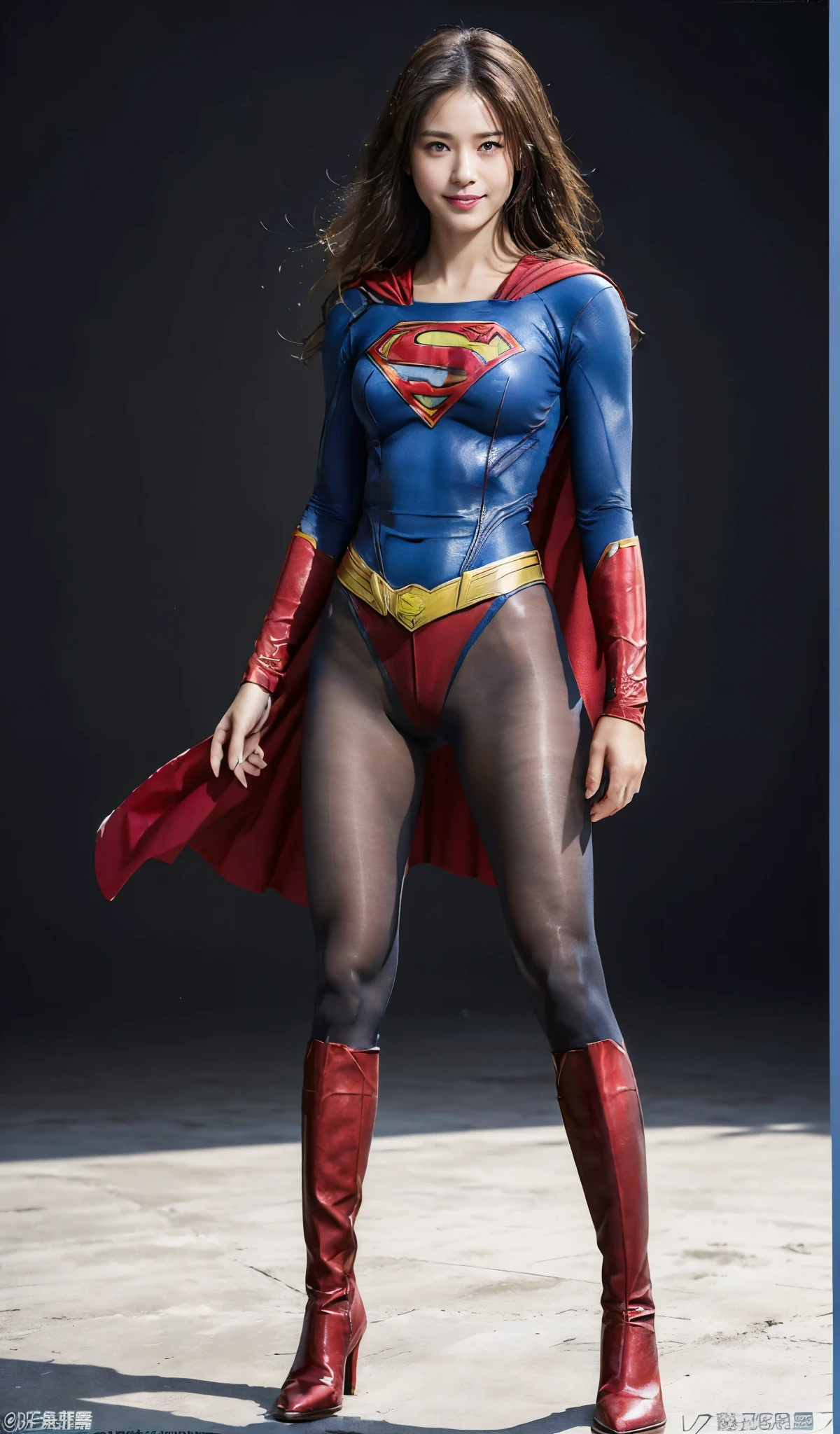 No background、(((Beautiful legs in black tights.)))、(((Legally express the beauty of your smile)))、((((Make the most of your original images)))、(((Supergirl Costume)))、(((Beautiful Hair)))、(((suffering)))、(((Please wear black tights....、Wear red boots)))、((Best image quality、8k))、((highest quality、8k、masterpiece:1.3))、(((Preserve background )))、Sharp focus:1.2、Beautiful woman with perfect figure:1.4、Slim Abs:1.2、Wet body:1.5、Highly detailed face and skin texture、8k