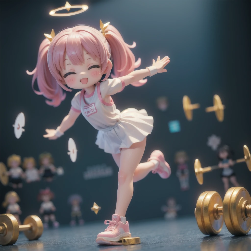 (photorealistic),angel girls,((girls with angel's wing,angel halo floats above her head),various hairstyles and haircolors,(nendoroid figure), miniatures,illustration,very happy smile,mouth open,angels lifting dumbbells at the gym,whole body,dynamic pose,training equipment,three-dimensional,3D renderingPerfect face,Collagen texture,