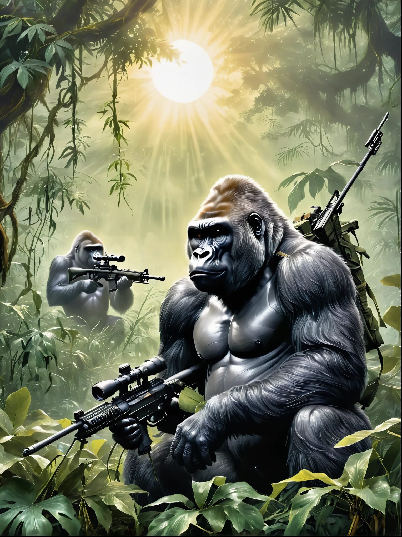 A gorilla depicted as a sniper, with its fur being silver-black, and its eyes focused intensely on the target. The gorilla is holding a camouflage sniper rifle with utmost precision in a misty jungle environment. It can be seen sitting on a high branch of a tree with the evening sun creating shadows among the wet leaves.