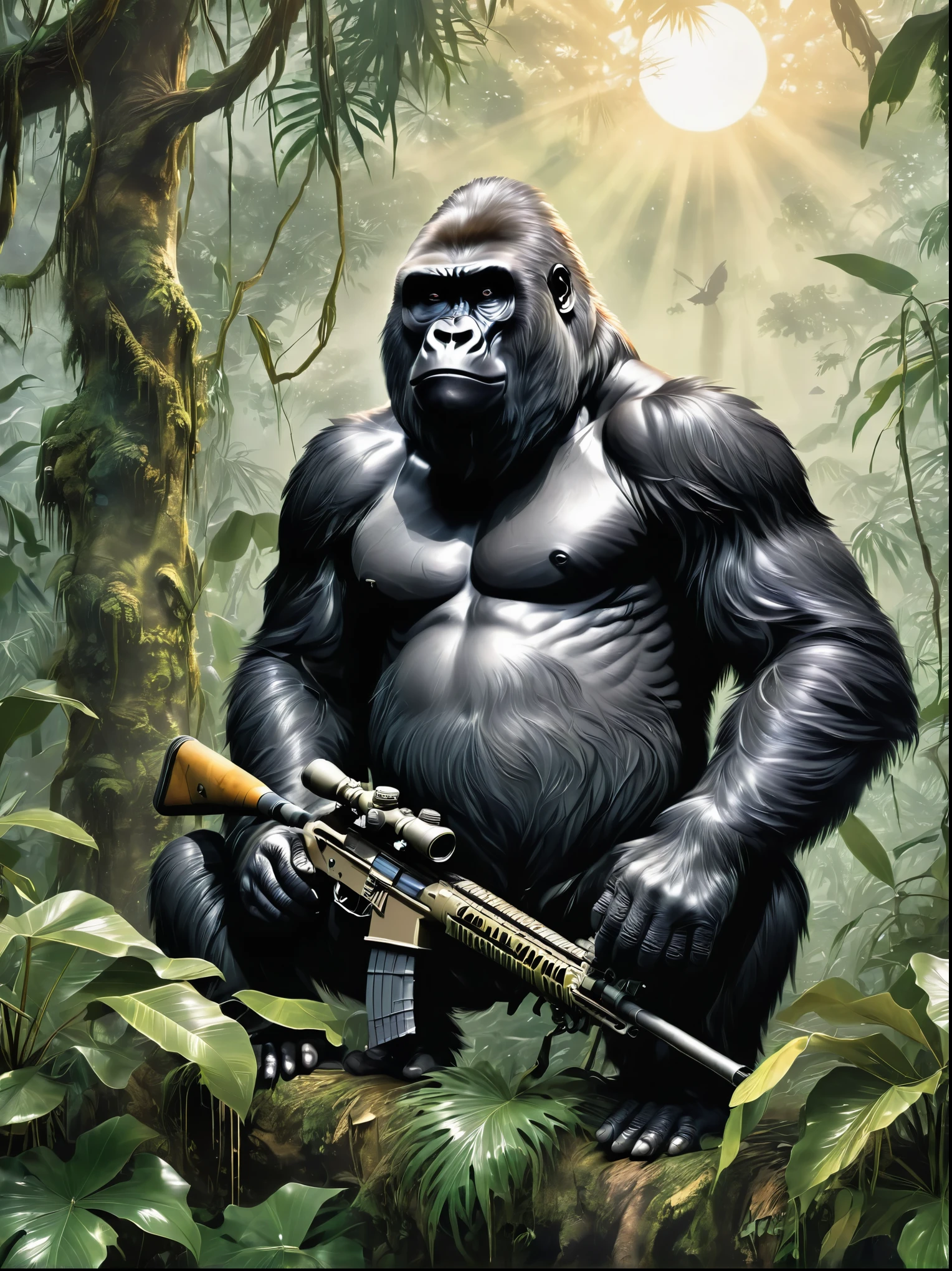 A gorilla depicted as a sniper, with its fur being silver-black, and its eyes focused intensely on the target. The gorilla is holding a camouflage sniper rifle with utmost precision in a misty jungle environment. It can be seen sitting on a high branch of a tree with the evening sun creating shadows among the wet leaves.