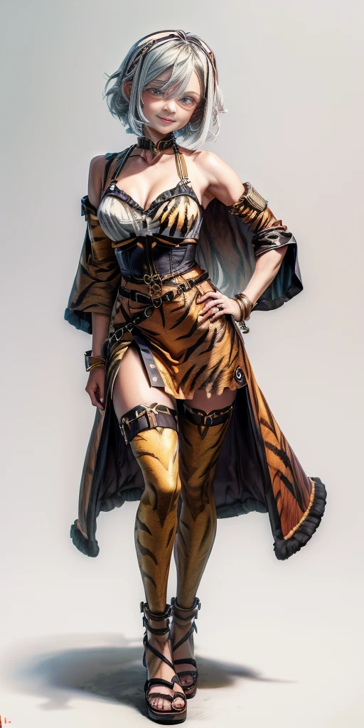 ((Masterpiece, plain background,1:2)) full body standing with two long yellow tiger print stockings, toned thighs, cleavage, separate yellow tiger print stockings thighs and sleeves, yellow tiger bikini print, yellow tiger fur coat print, tiara royal, long cape up to two feet, hands on waist hips hands on hips, navel, lustful smirking smiling, smile face (red blushed, red cheeks) pauldrons metal shoulders, armbands, black leather choker slave collar, full body standing with two long thighs and two metal sandals, red eyes, silver white short bob hair, big knockers, cleavage, separate sleeves, tiara royal, leather corset, armbands, shackles bracelets, slave red crest, loincloth standing, big belt, view from below, feet together, bracers, tiara, standing contrapposto straight symmetrical looking to viewer