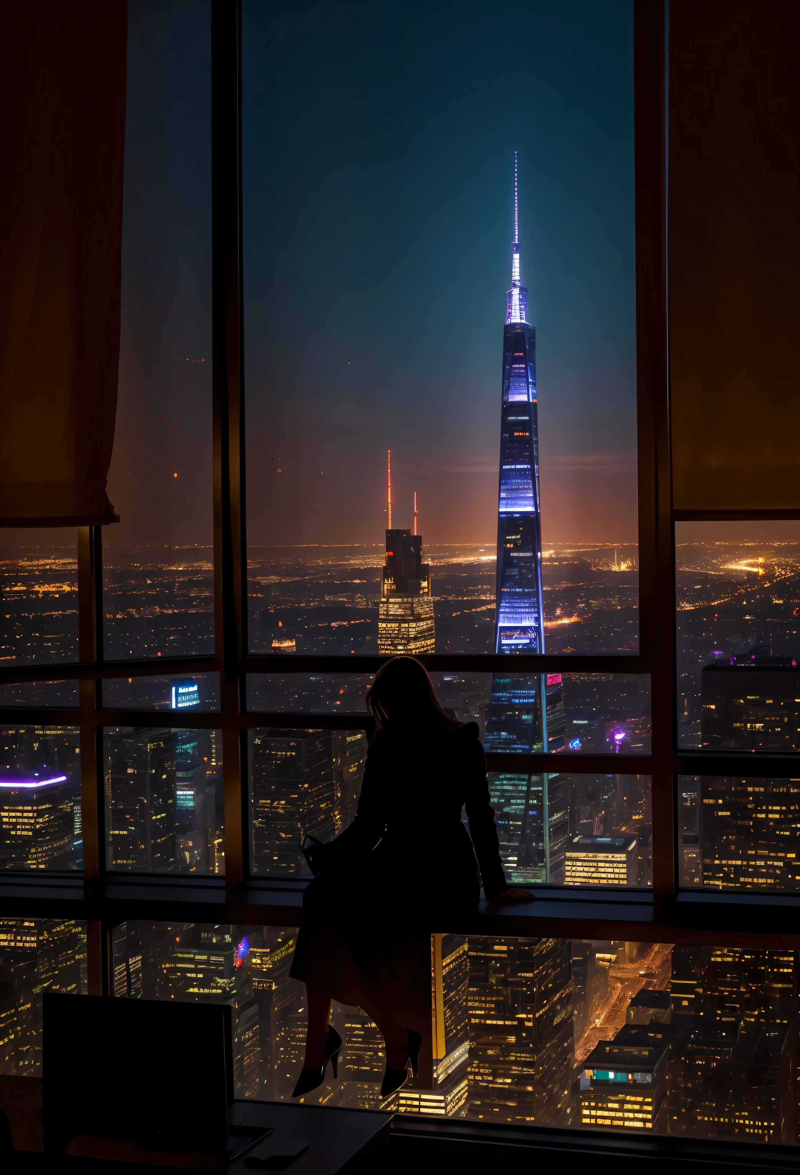 The image would feature a woman, silhouetted against the warm glow of the setting sun, as she gazes out of her office window. The office is high within a skyscraper, and through the window, we see a tapestry of other towering structures, bathed in the golden hues of the evening. The cityscape below is a labyrinth of lights and shadows, hinting at the bustling life within each building.