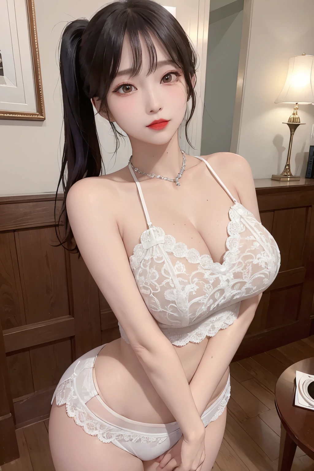 A sexy and charming korea woman, legs thrown back, elegant and intellectual, confident and generous, exquisite and beautiful face, exquisite collarbone, charming fragrant shoulders, navel, full body wet photo, body facing the front, beautiful and exquisite pretty face, peach Red lips, fragrant shoulders slightly exposed, super big breasts looming, focus on the face, seductive and delicate collarbone, ultra-high resolution, tender and smooth skin, very realistic details, bokeh, Bright Background, ultra-high-definition, outstanding details, 8K, blushing face, Attractive collarbone, sexy shoulders, one person, wet bob hair, ponytail long hair, smile with teeth, clothes((luxury lace crop top and lace boxers with deep cleavage, luxury necklace):1.2), high detail, shiny skin, (standing pose:1.5),