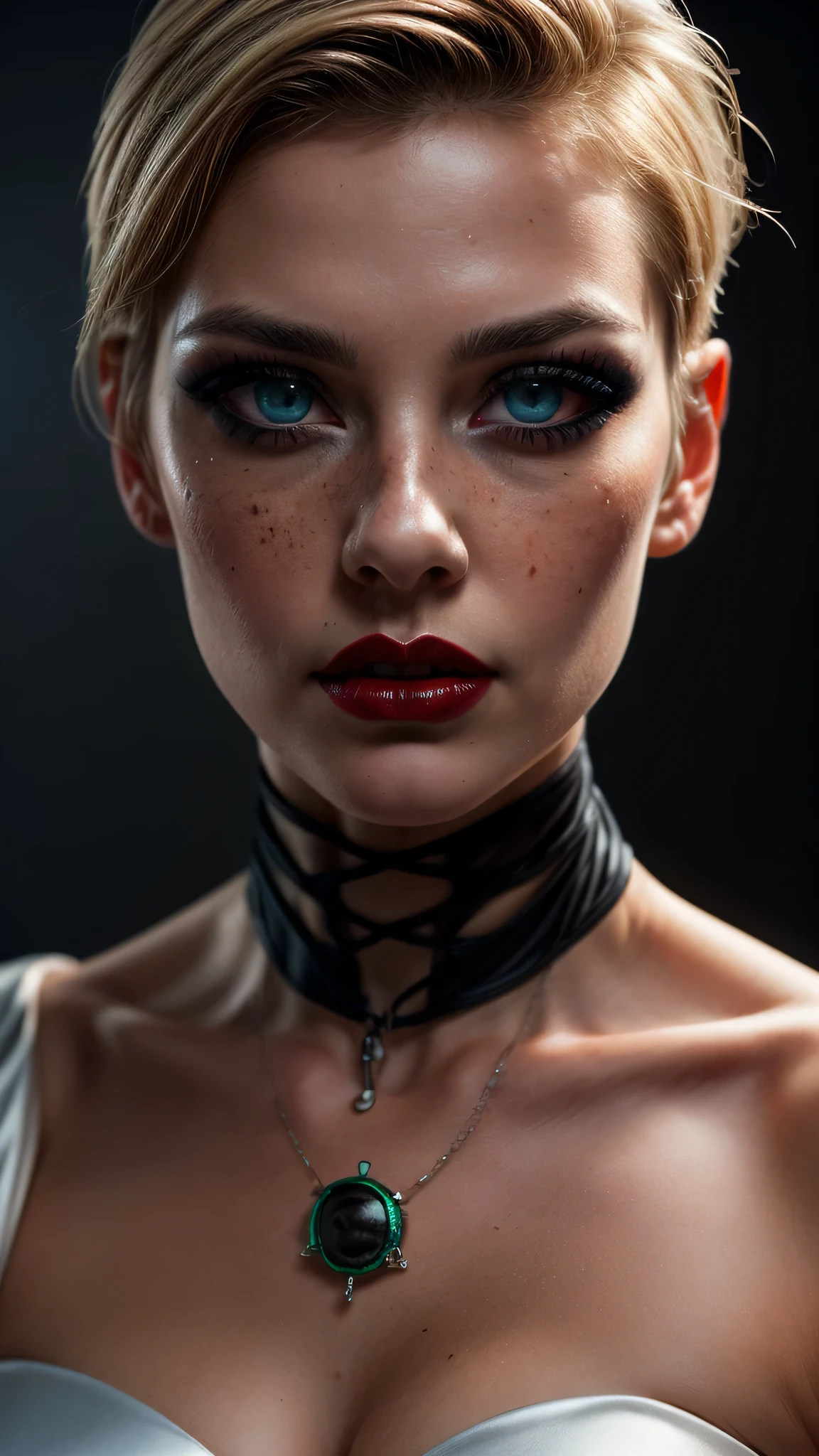 ((best quality: 1.5)) ((masterpiece: 0.8)), intricate details, sharp focus, professional, real life, realistic representation of the face, dim volumetric lighting, dynamic pose, in the style of realistic and hyper detailed renderings BREAK (detailed 30 year old android woman, ((((blackout gothic eye makeup, portrait, red lips, cleft chin)), clear blue eyes, short blonde hair, shaved sides, white satin evening gown), emerald, nose piercing, determined expression), freckles: 1.1), photorealistic, hyper-realistic, 8K