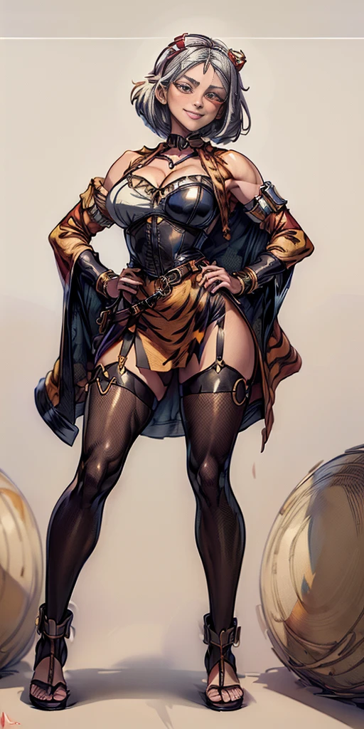 ((Masterpiece, plain background,1:2)) full body standing with two long yellow tiger print stockings, toned thighs, cleavage, separate yellow tiger print stockings thighs and sleeves, yellow tiger bikini print, yellow tiger fur coat print, tiara royal, long cape up to two feet, hands on waist hips hands on hips, navel, lustful smirking smiling, smile face (red blushed, red cheeks) pauldrons metal shoulders, armbands, black leather choker slave collar, full body standing with two long thighs and two metal sandals, red eyes, silver white short bob hair, big knockers, cleavage, separate sleeves, tiara royal, leather corset, armbands, shackles bracelets, slave red crest, loincloth standing, big belt, view from below, feet together, bracers, tiara, standing contrapposto straight symmetrical looking to viewer