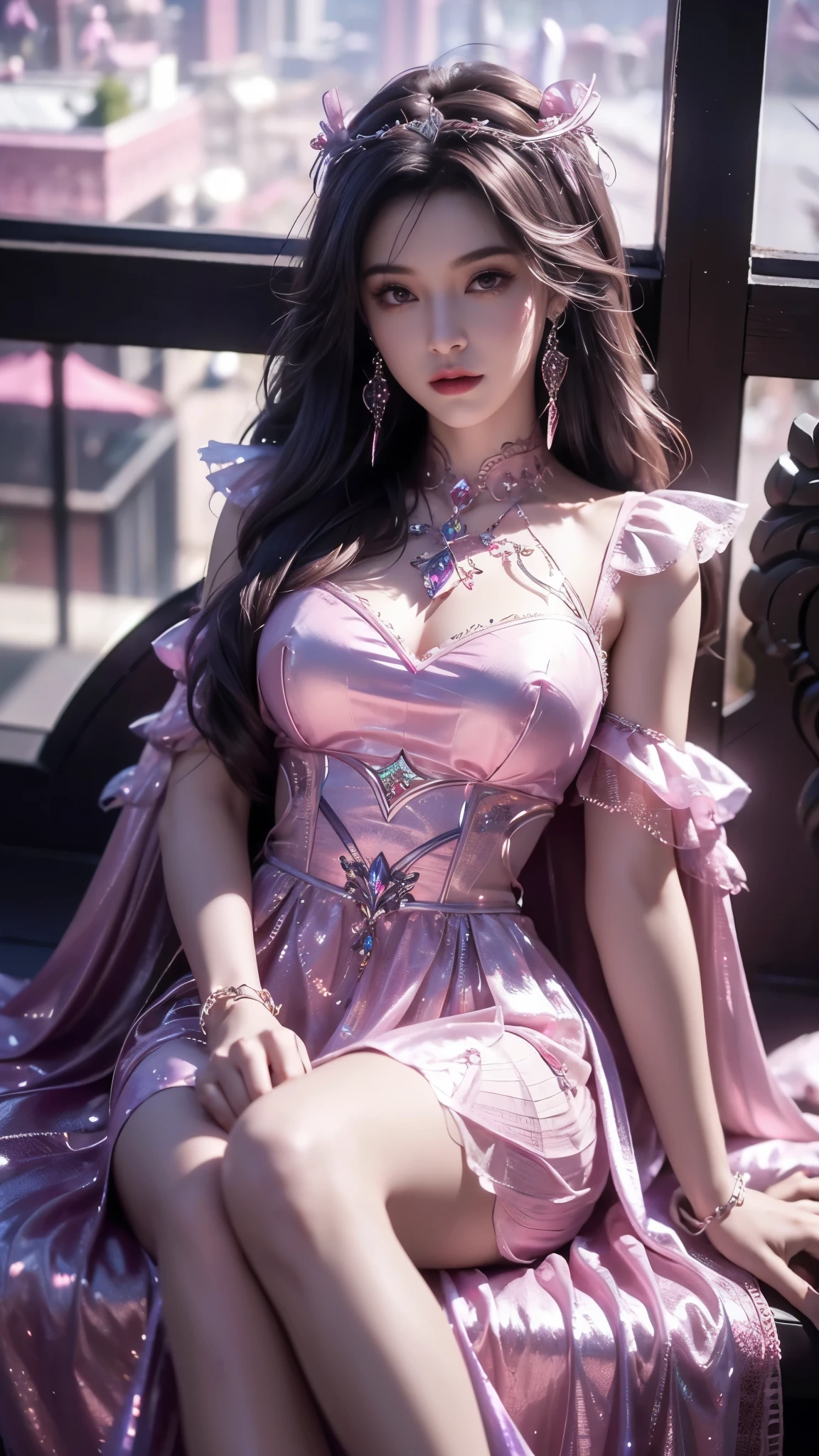 8K, UHD, MAsterpiece, best quality, 1 girl, ((realistic face)), happy pace, very long hair, small breasts, decorated dress, very beautiful ornaments dress, magenta color, ((lace)), mesh dress, mesh cape flowing, sardine, loops, ((ornaments)), legendary night balcony, depth of field, cinematic lighting, chromatic aberration, motion blur, glowing light, god rays, ray tracing, reflection light, backlighting, bloom, chromatic aberration abuse, multiple monochrome, sitting on the chair,