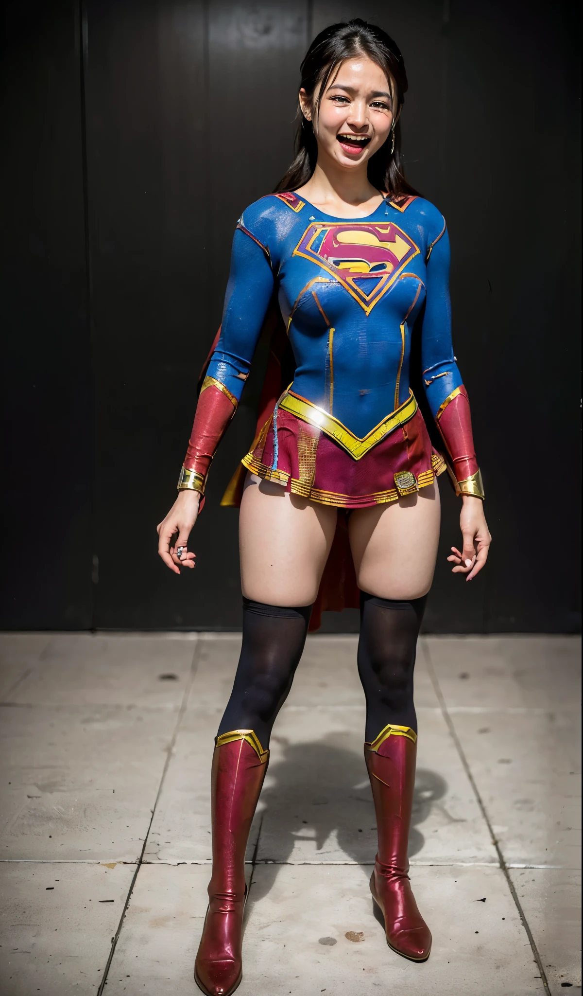 No background、(((Anguished expression)))、(((Are crying)))、(((shout)))、(((Beautiful legs in black tights.)))、(((Legally express the beauty of your smile)))、((((Make the most of your original images)))、(((Supergirl Costume)))、(((Supergirl'Shabby costume)))、(((Beautiful Hair)))、(((suffering)))、(((Please wear black tights....、Wear red boots)))、((Best image quality、8k))、((highest quality、8k、masterpiece:1.3))、(((Preserve background )))、Sharp focus:1.2、Beautiful woman with perfect figure:1.4、Slim Abs:1.2、Wet body:1.5、Highly detailed face and skin texture、8k