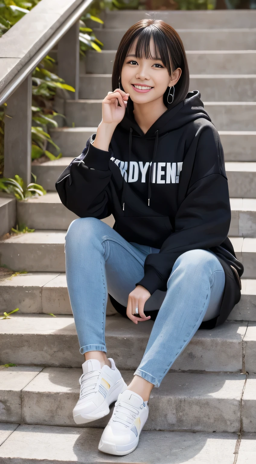 highest quality, Realistic, Very detailed, Finer details, High resolution, 8k wallpaper, One beautiful woman,Sit on the stairs、（Wear black socks）smile、（Beautiful teeth alignment、）（Gums are visible） Oversized hoodie, Skinny jeans,（ Black sneakers）、Black Hair、 Beautiful Bangs、ear piercing、Perfect dynamic composition, Beautiful and detailed, Full Body Shot, A big smile
