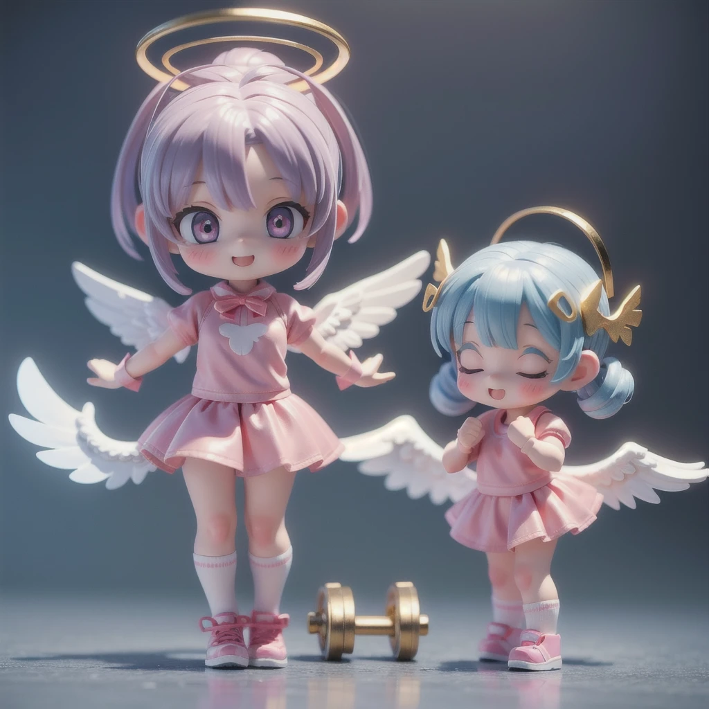 (photorealistic),angel girls,((girls with angel's wing,angel halo floats above her head),various hairstyles and haircolors,(nendoroid figure), miniatures,illustration,very happy smile,mouth open,angels lifting dumbbells at the gym,whole body,dynamic pose,training equipment,three-dimensional,3D renderingPerfect face,Collagen texture,