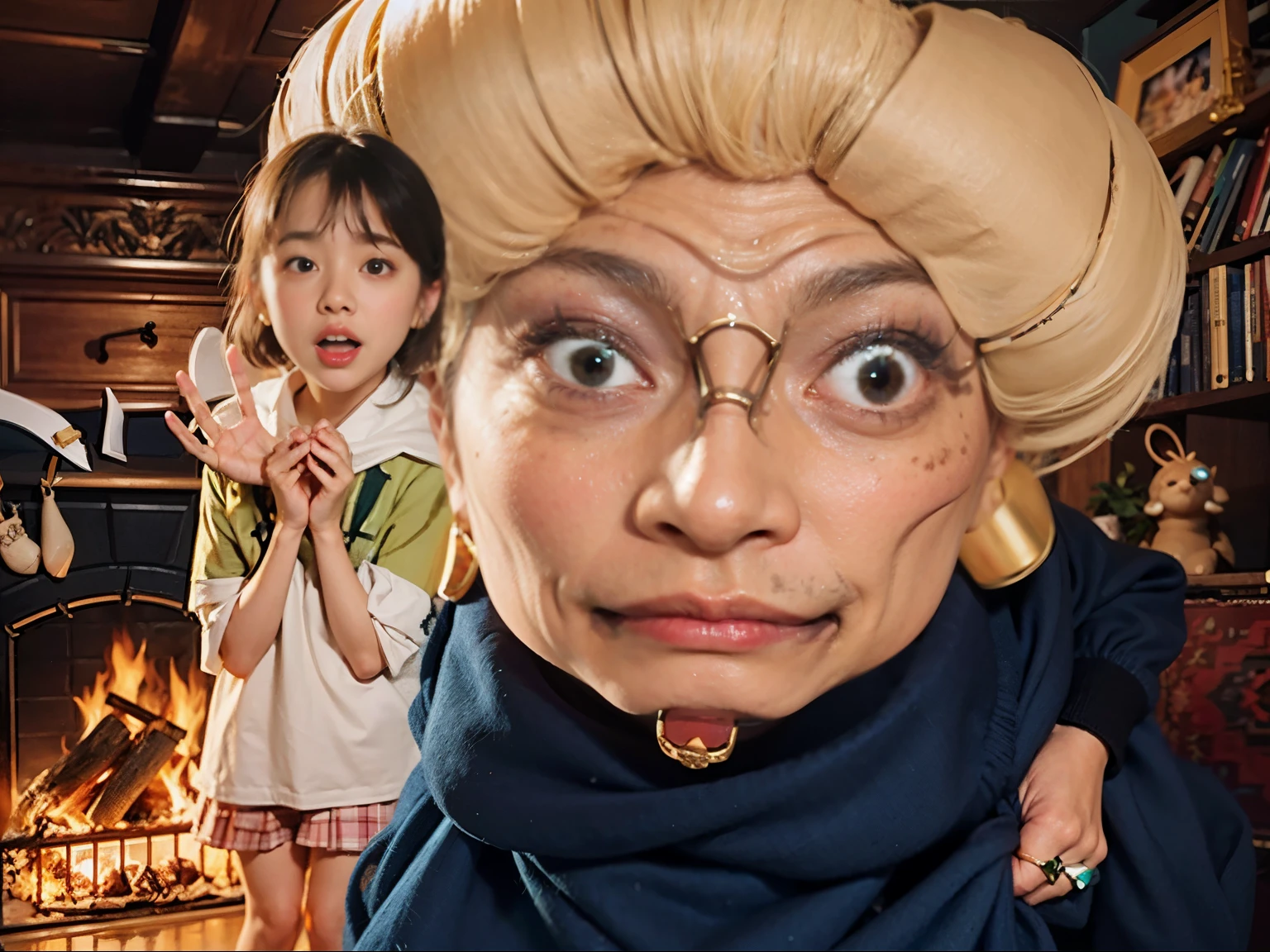 This image shows a girl with short brown hair wearing a green and white shirt, looking surprised or scared, with her hands held up near her face. She is standing next to an older woman with exaggerated facial features, including a large nose, prominent wrinkles, and heavy eye makeup. The older woman has a large, intricate hairstyle, wears golden earrings, and has multiple rings on her fingers. The background features a warmly lit interior with a fireplace and various shelves filled with books and objects.