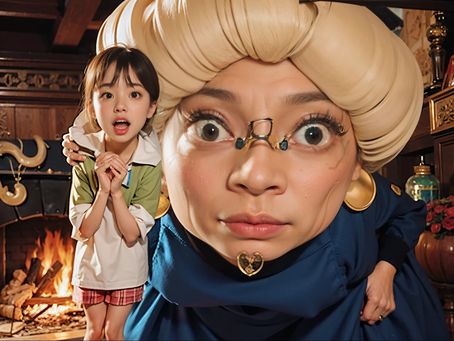 This image shows a girl with short brown hair wearing a green and white shirt, looking surprised or scared, with her hands held up near her face. She is standing next to an older woman with exaggerated facial features, including a large nose, prominent wrinkles, and heavy eye makeup. The older woman has a large, intricate hairstyle, wears golden earrings, and has multiple rings on her fingers. The background features a warmly lit interior with a fireplace and various shelves filled with books and objects.