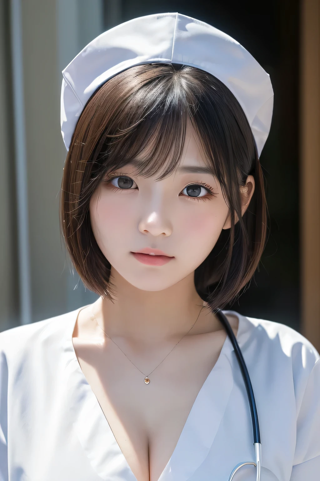 (1 Girl)、(Beautiful Japanese、18years old,round face、Refreshing、clear、seems kind、stylish、Pitiful、cute like an angel、cute、black eyes、,actress,Almond-shaped eyes,Translucent white skin、Beautiful skin), Good style , (Beautiful big breasts:1.2),(soft breasts),(very cute),(Black hair),(short bob hair),(enchanting eyes),(highlight on eyes:1.2)、(8K、Live shooting、highest quality、masterpiece:1.2、optimal lighting)、((masterpiece)),(Photo taken by a professional photographer),(real、photo real:1.4),break,{ (White nurse costume),(((taraditional nurse uniform))),,{(White nurse tight pants)},(cleavage:1.2)},( Crying in tears:1.2),(tears:1.4))(cheeks are red:1.2), break, break,Old abandoned hospital,Face shot:1.3、 night、looking away, face close-up,Looking up、sitting、(Both eyes closed:1.3)