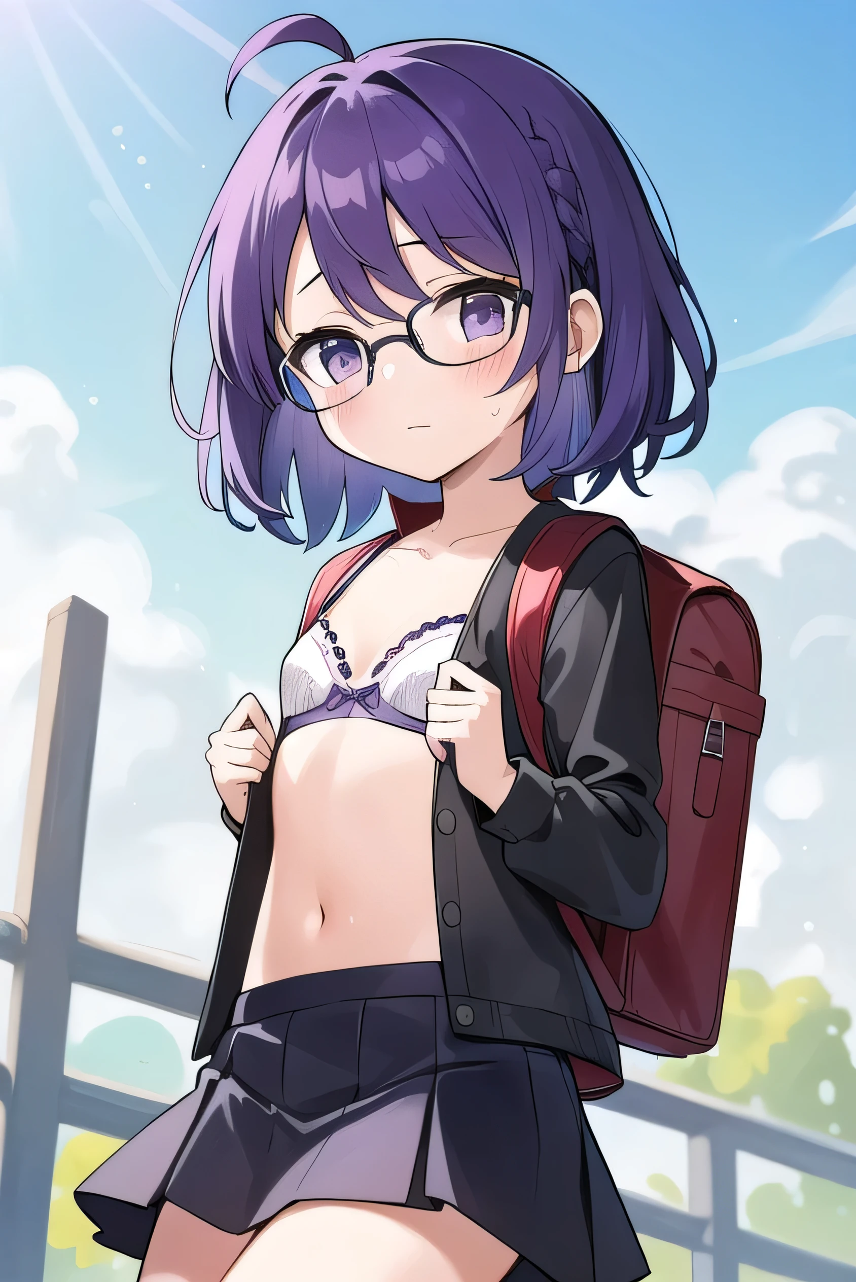(Purple hair:1.5) , gray eyes, white , navy blue miniskirt, , short, short long hair, kind expression, shy, backpack, almost no breasts, slightly exposed. hair,(flipped hair ), flipped hair, long sleeves, ahoge, girl alone, flipped hair, flipped hair, flipped hair, flipped hair, glasses with no edges, embarrassed, her bra is visible, flat chest