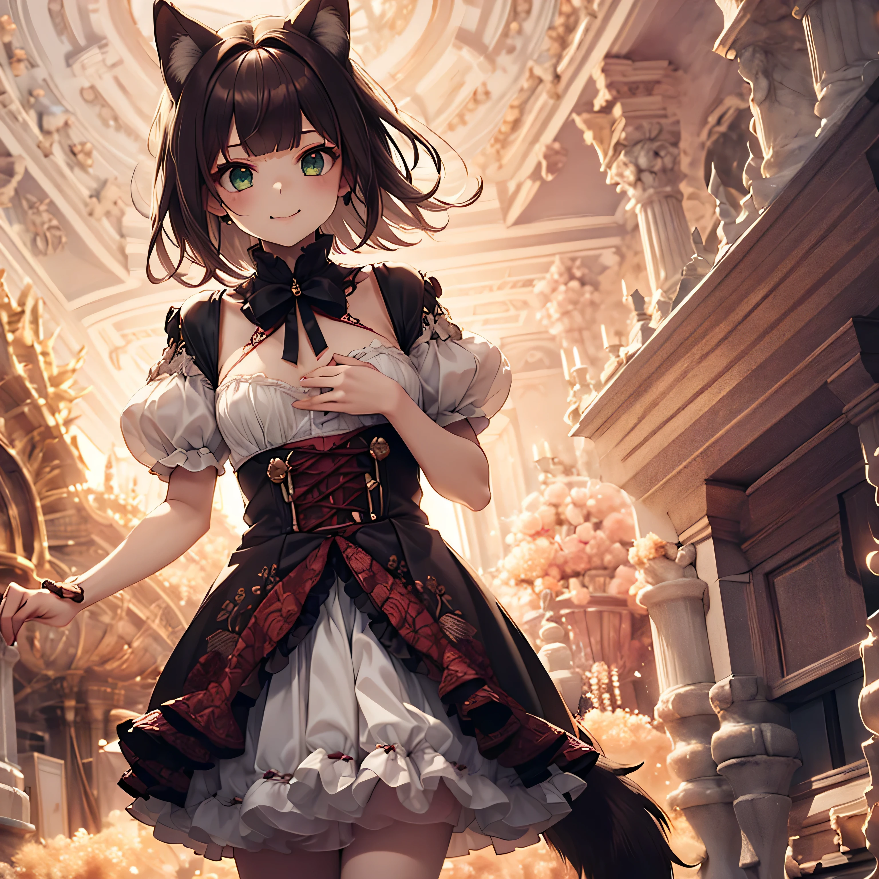 {{{Illustration of one girl}}}, -yeld gi one person, Green Eyes, Brown Hair, Dog ears, Dog tail, Short Bob Hair, Small breasts,red and white gothic lolita, mini skirt, Short stature, A cheerful smile, 32K image quality, Ancient battlefield, Clothes with very detailed embroidery,{{{Both hands are lifting up the chest}}},