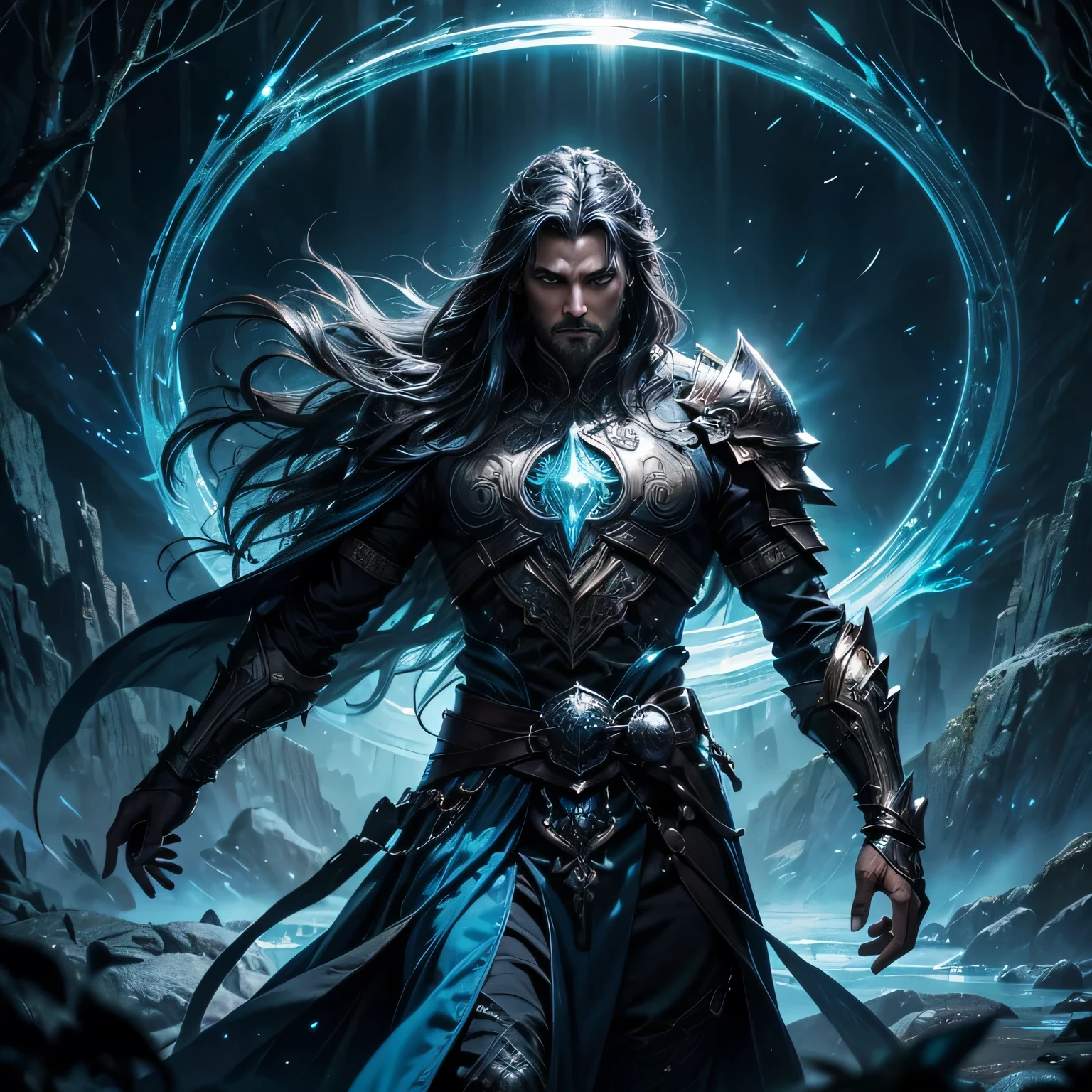Create a detailed image of a male human character named Ragu in a fantastical world. Ragu has a tall, athletic build with well-defined muscles, suggesting a life of adventure and combat. His skin is a deep, sun-kissed bronze, and his piercing, emerald green eyes convey both wisdom and intensity. Ragu's hair is long, wavy, and jet black, cascading down to his shoulders, with a few streaks of silver hinting at his experience and age. His facial features are sharp and chiseled, with a strong jawline and high cheekbones. A short, neatly trimmed beard adds to his rugged, yet regal appearance. Ragu is dressed in a suit of intricately designed armor made of a shimmering, silver-like material that seems almost organic, with flowing patterns that glow faintly with a magical blue light. The armor is adorned with runes and symbols that indicate his status as a warrior-mage. Over his shoulders, he wears a long, dark cloak that billows dramatically in the wind, the inside lined with a deep, royal blue fabric that matches the glow of his armor. He stands in the midst of an enchanted forest, surrounded by towering, bioluminescent trees with leaves that glow in various hues of blue, purple, and green. The ground is covered in soft, luminescent moss that emits a gentle, otherworldly light. In the background, a waterfall cascades down a series of crystal-clear pools, each one glowing with an inner light, adding to the ethereal atmosphere. Ragu is in the middle of a powerful spellcasting ritual, his hands raised as arcane symbols float around him, glowing with an intense blue light. His expression is one of fierce concentration as he channels his energy into a swirling vortex of magical energy that hovers above his hands. Around him, small, ethereal creatures flit through the air, drawn to the magic he is creating.