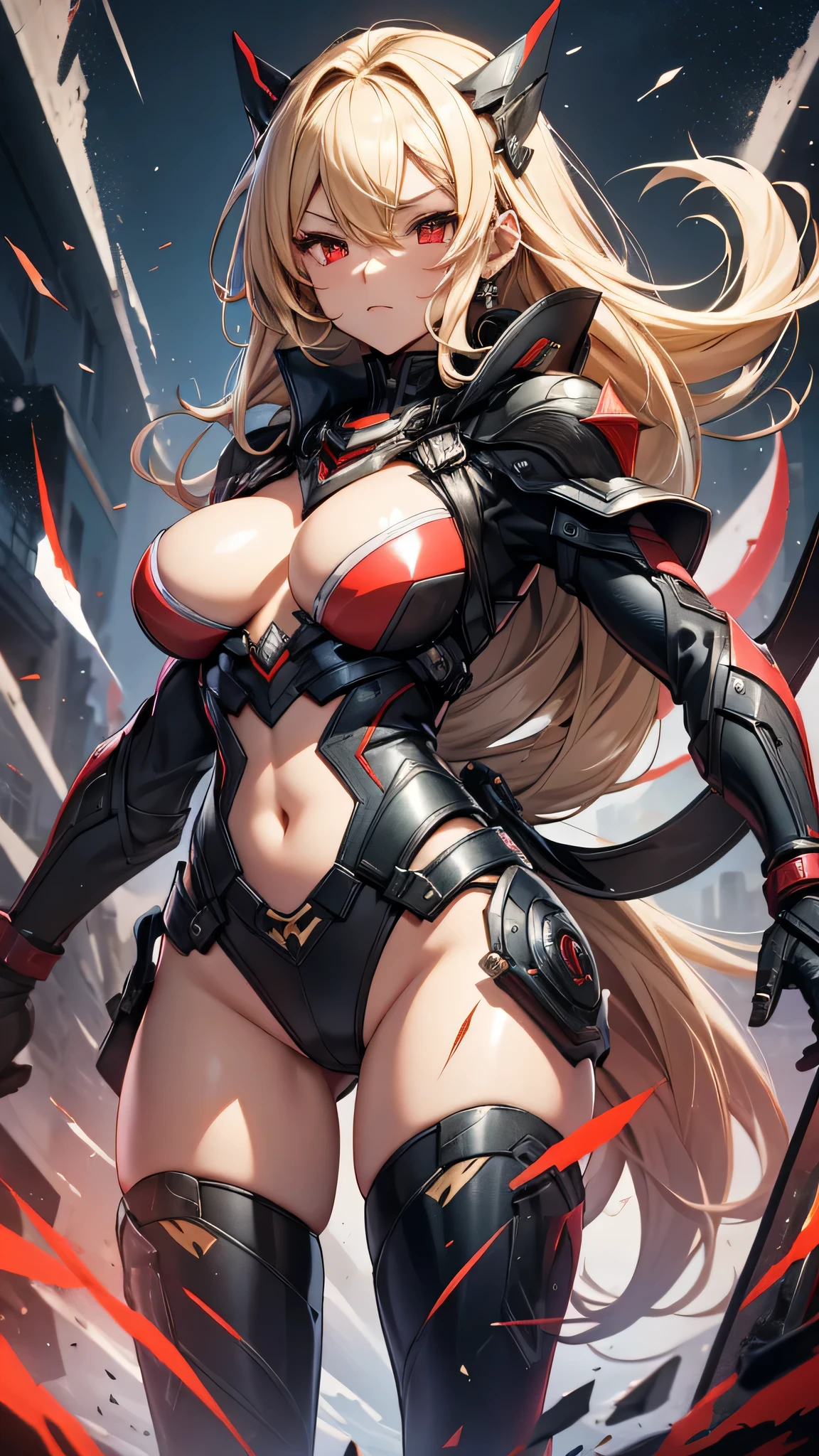 最high quality、Best image quality、masterpiece、girl((Age 25、 By becoming、Best Bust、Medium Bust,Wide open breast tea、Red glowing eyes,Blonde、Red Mesh、Disheveled Hair、Lointail、thin,The highest valley、Open chest、Luminous Wristbands、hair ornaments、Show the whole body,Black Ninja suite、revolver、scar、Full body scar、Fighting Pose)),high quality、Beautiful art、background((Photography room))、Flight、Flying debris、Written boundary depth、movie、Visual Arts、Perfect art、8K,Genuine,