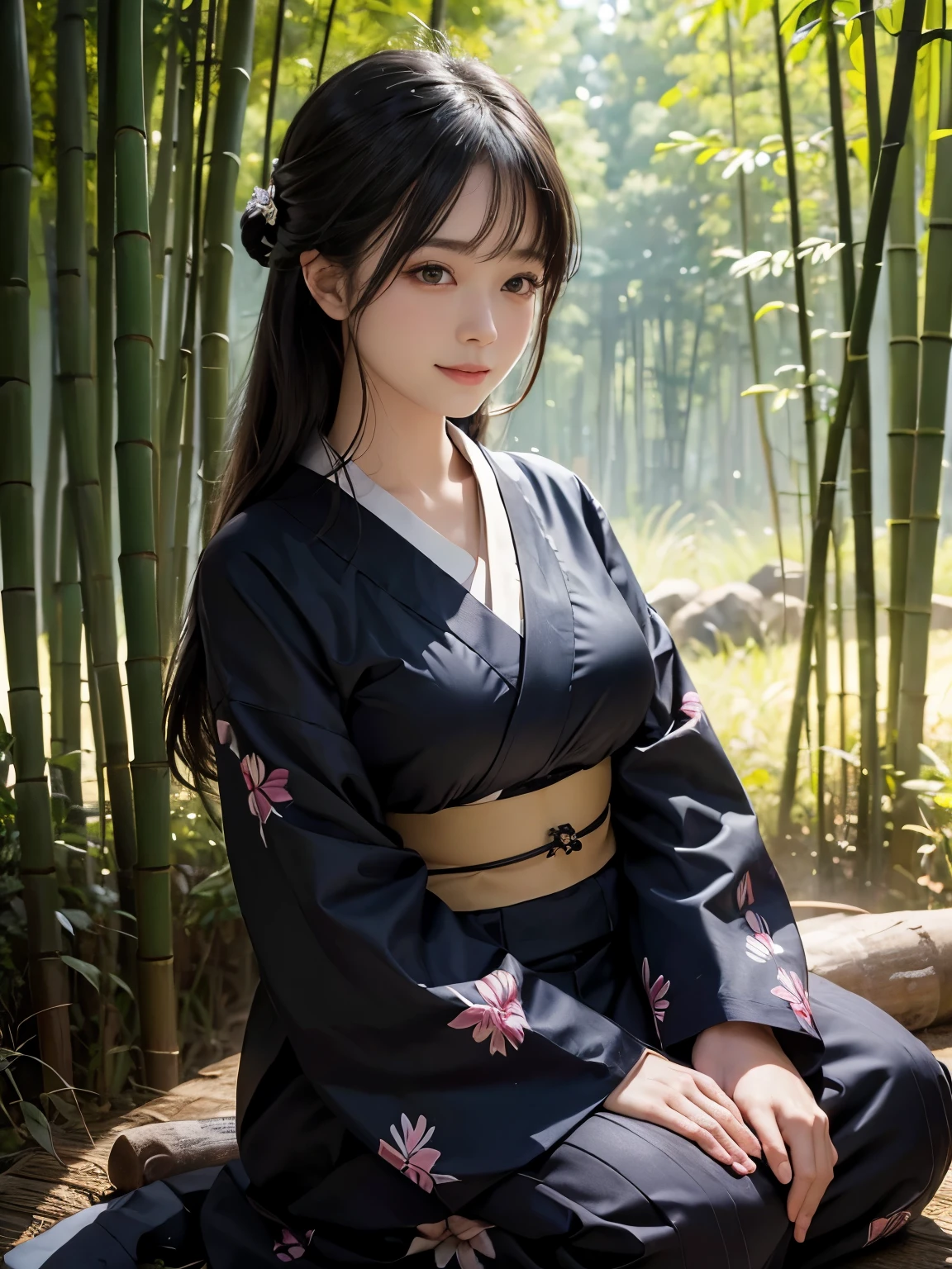 (ultra realistic) , (illustration), (increase resolution), (8K), (extremely detailed), (best illustration), (beautiful detailed eyes), (best quality), (ultra-detailed), (masterpiece), (wallpaper), (detailed face), solo,1 girl, looking at viewers, black straight hair, plump breasts, delicate details, in the dark, deep shadow, low key, pureerosfaceace_v1, happy smile, japanese Yukata, full body, bamboo forest