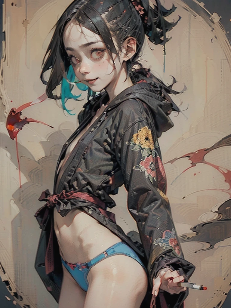 ((Girl smoking a cigarette、Black hoodie、Blue panties)), scribble, nightmare, Doll-like face, Manga style, rough sketch, , (masterpiece), (High resolution), (Very delicate), (clear), Comic style illustration,(Horror elements), Japanese painting illustration, whole body,(snap shot),crazy illustration, antique, Dark atmosphere, Flat Illustration, Creepy Appearance, Characteristic hairstyle, creative accessories, Unique atmosphere、Cute Smile