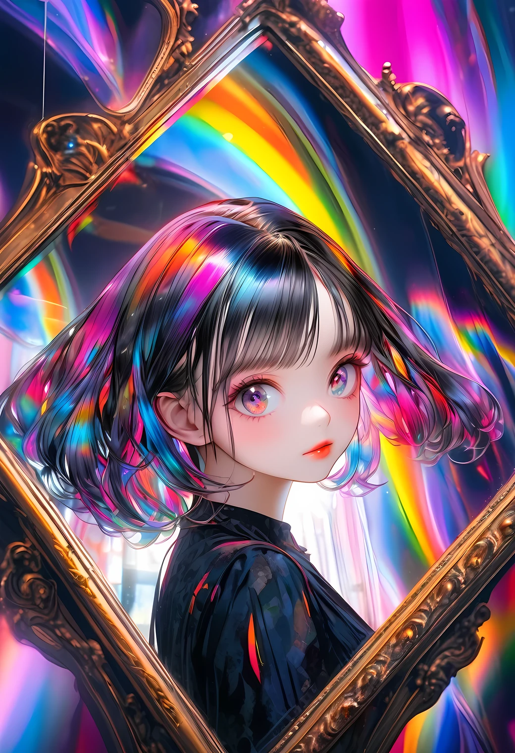 multiple exposure, masterpiece, highest quality, 16k, unbelievably absurd, very detailed, perfect beauty, (gothic style), beautiful cute girl, in a beautiful pose, modern wavey bob hair, through bangs, droopy eyes, prism effect, mirror effect, professional lighting, vibrant colors illustration, portrait,