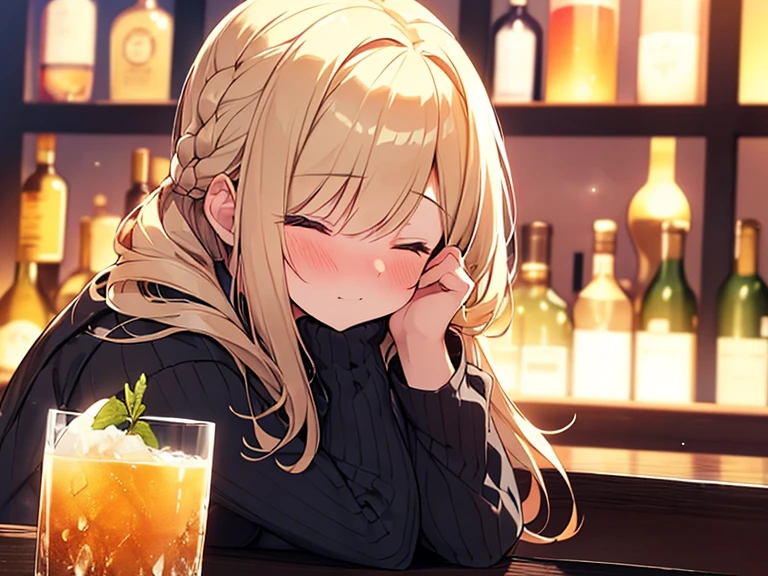 Masterpiece, Top quality, (1 beautiful girl :1.2), Blonde, straight hair, fishtail braid, 24 year old, medium breasts, standard weight, sweater, sleeping, nose blush :1.1, drunk, closed eyes, beautiful scene of bar, blurry background, magnificent panorama view, glass with alcohol, close up of upper body, from side