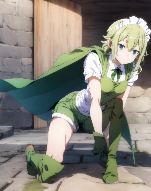 highest quality, Tabletop, 超A high resolution, Ryu Lion, Green shorts, Green Boots, White shirt, Green Cape,French maid