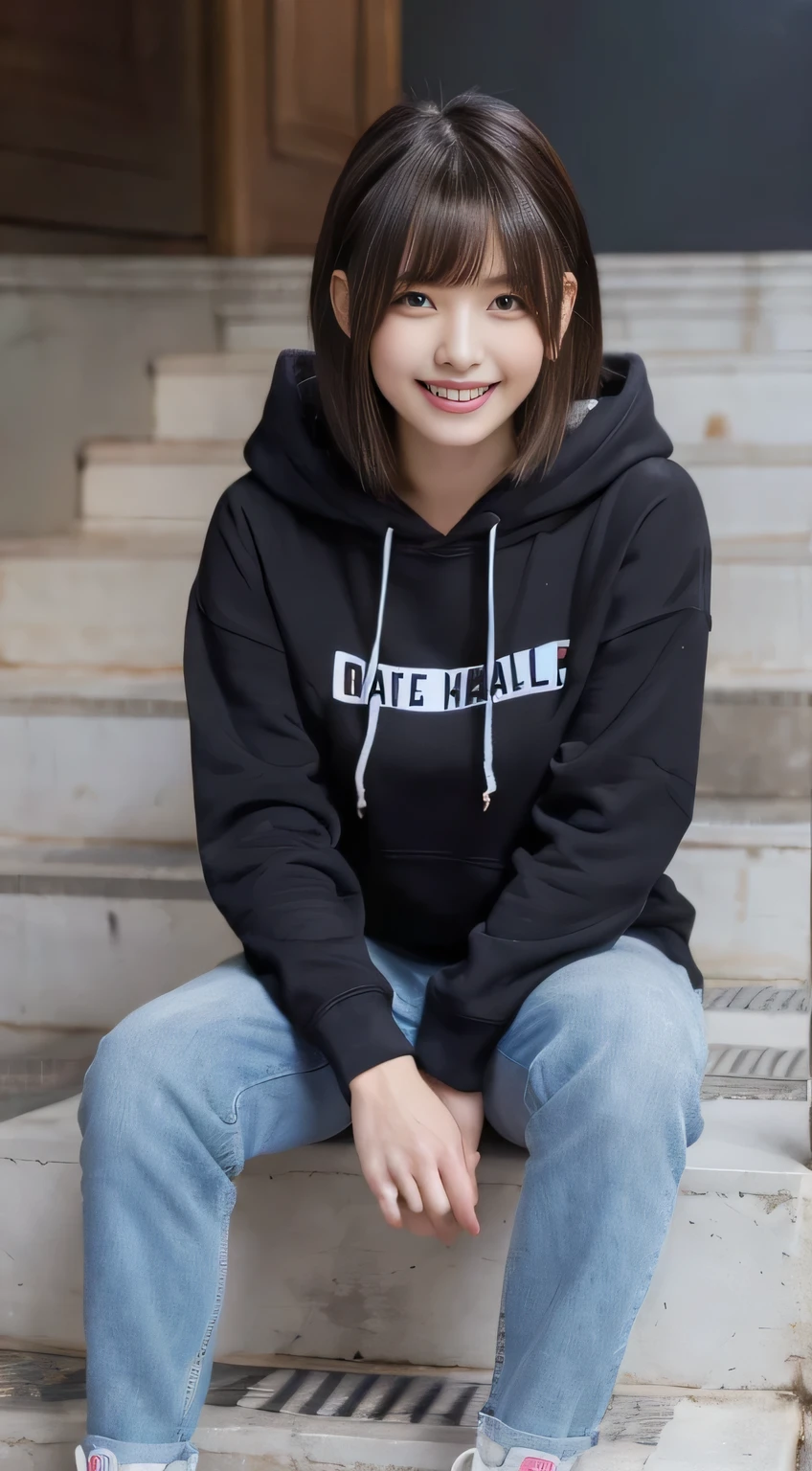 highest quality, Realistic, Very detailed, Finer details, High resolution, 8k wallpaper, One beautiful woman,Sit on the stairs、(Wear black socks)smile、(Beautiful teeth alignment、)(Gums are visible) Oversized hoodie, Skinny jeans,( Black sneakers)、Black Hair、 Beautiful Bangs、ear piercing、Perfect dynamic composition, Beautiful and detailed, Full Body Shot, A big smile