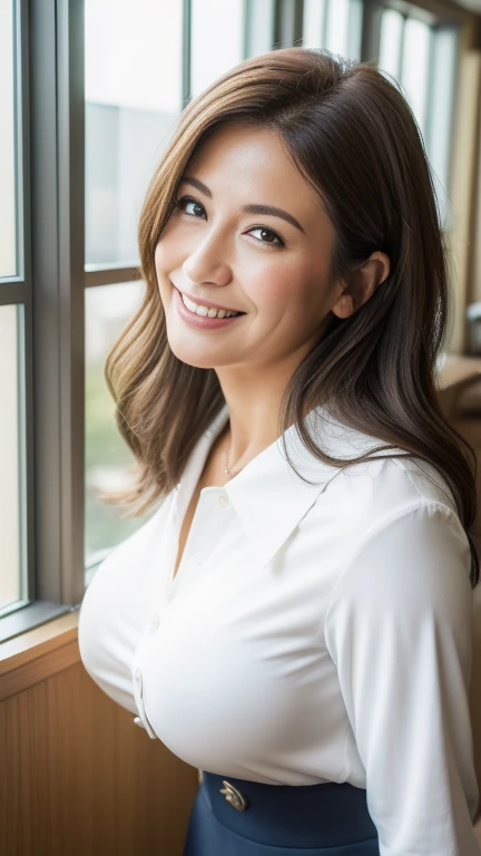 ((最high quality、8k、masterpiece:1.3))、Realistic, Sharp focus, high quality, High resolution, alone, Japanese, A kind smile,Middle-aged women,56 years old, ((Big Breasts:1.3)), (((Big Ass 1.3)))、light brown medium long hair, Wrinkles around the eyes、Embarrassing appearance、A shy smile、((Up to the thighs))、In the company office、Bright office、Indoors with afternoon sunlight streaming in、A seductive gaze、A kind smile、White blouse with collar、Grey tight skirt、