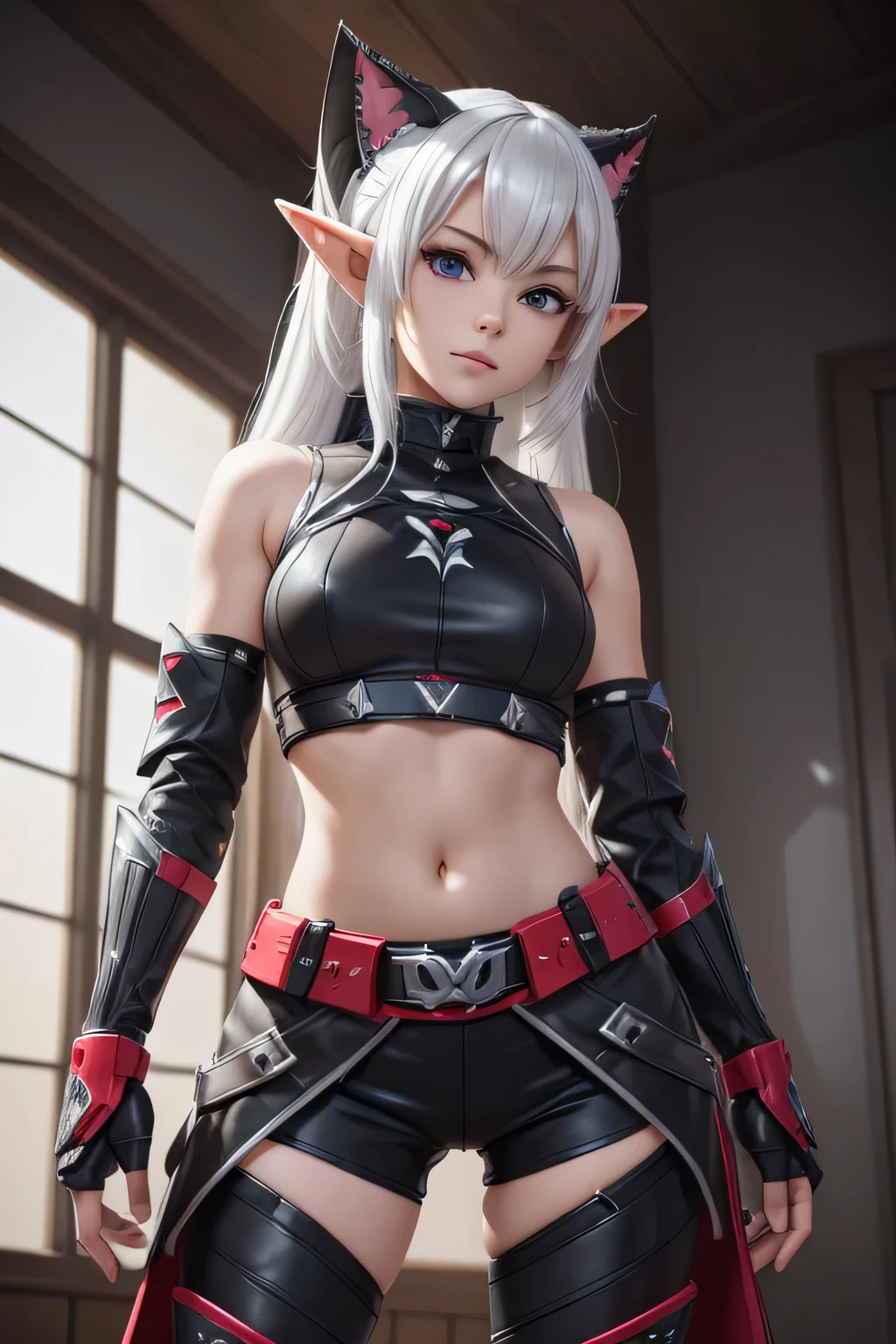 absurdres, (8k, RAW photo, best quality), masterpiece, hyper detailed, perfection, best quality, photo-realistic, (((1girl:1.2))), highly detailed 3D rendering of a character named Euclita from SEGA's PSO2. The character is an elf-like female with pointed ears and short, straight, white hair with purple tips. She wears a futuristic, armored outfit with a mix of black, gray, and red colors. The outfit includes a form-fitting top with exposed midriff, shoulder armor with hexagonal patterns, and high-tech gauntlets. She has a confident and slightly playful expression