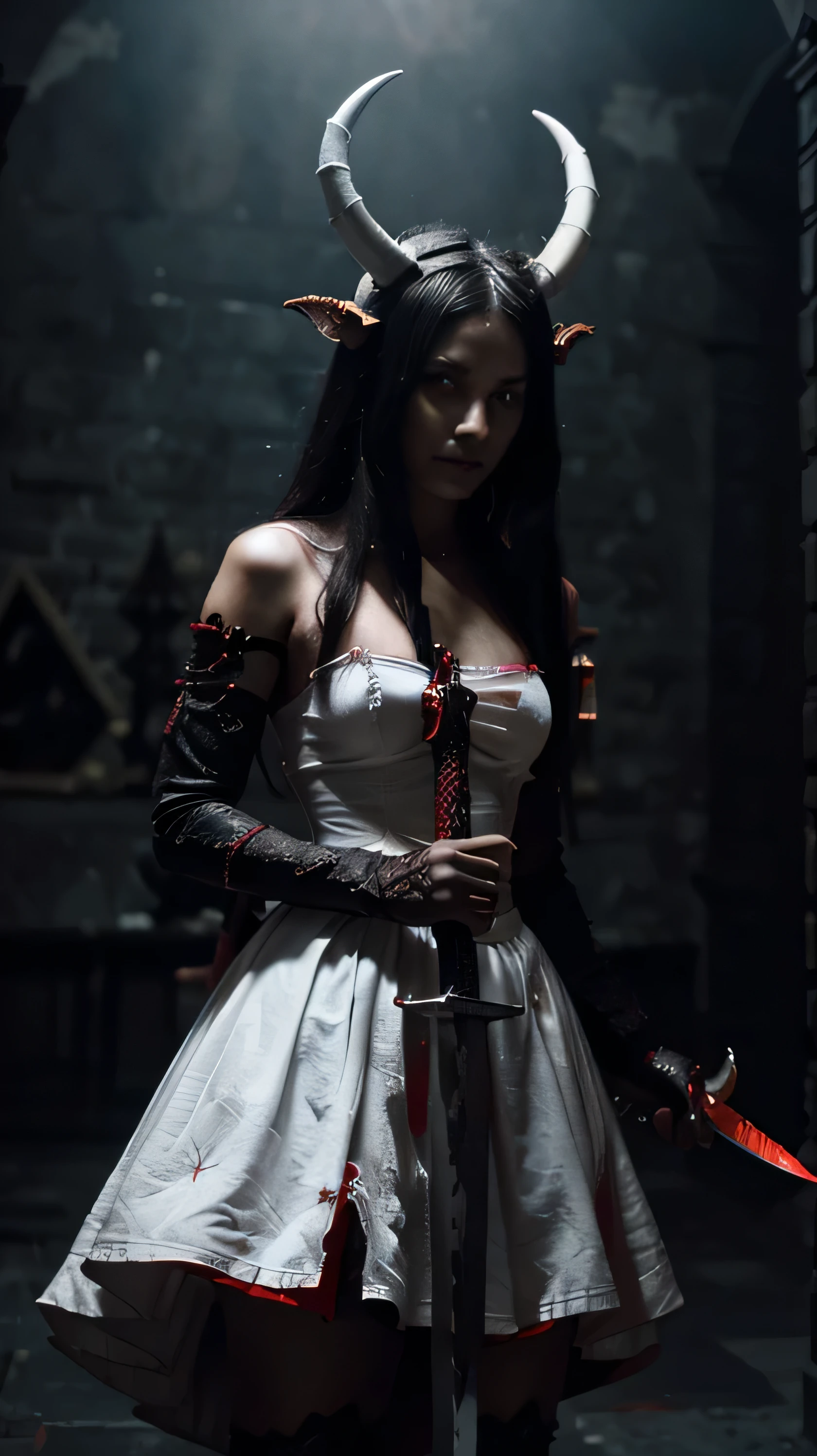  demon king( dark twisted, ling horns, holding black red cursed sword with demonic figure, standing near a beautiful maiden wearing white blooded clothes with) 4k hyper realistic image 4k ultra hd.