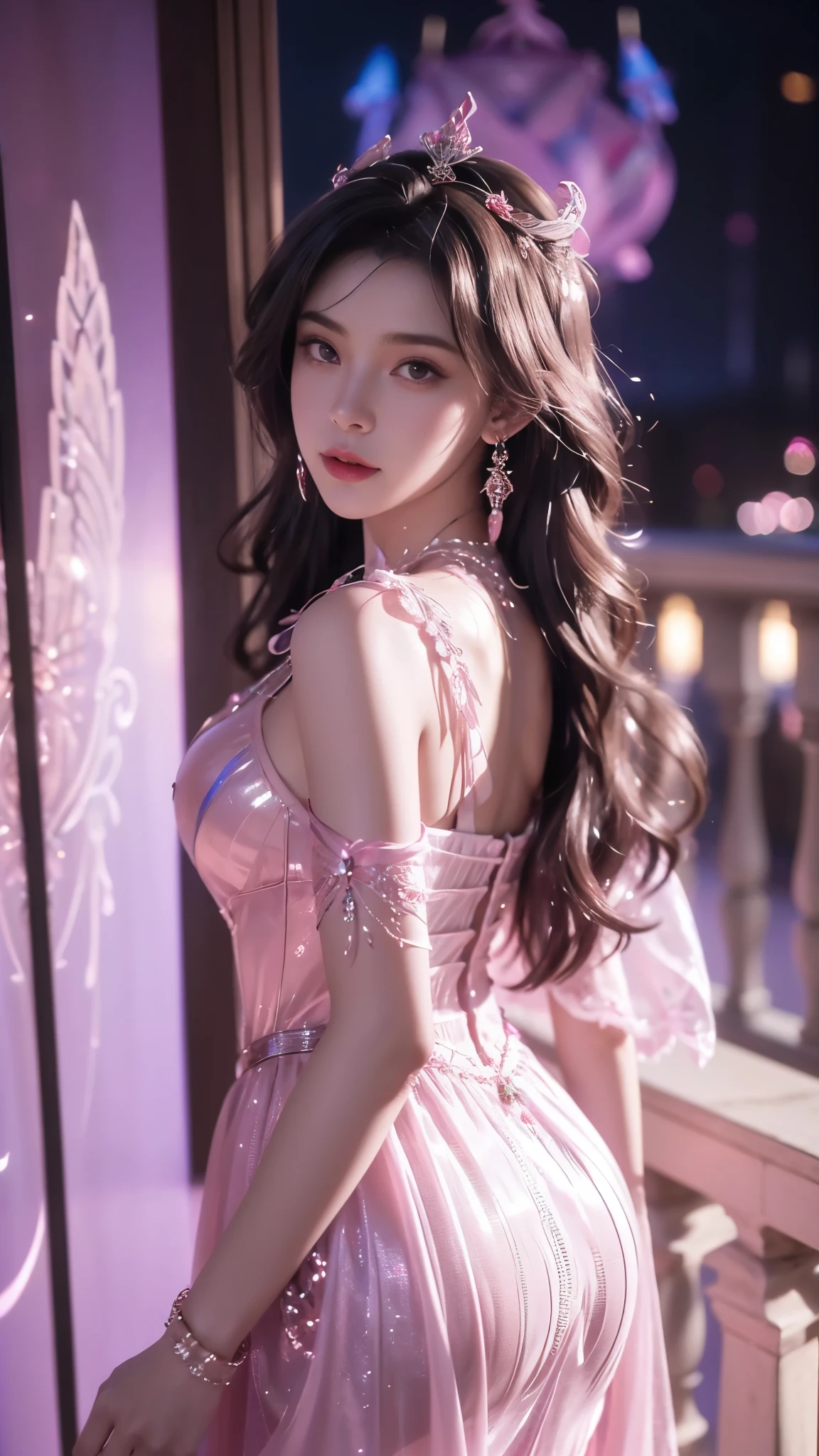 8K, UHD, MAsterpiece, best quality, 1 girl, ((realistic face)), happy pace, very long hair, small , decorated dress, very beautiful ornaments dress, pink color, ((lace)), mesh dress, mesh cape flowing, sardine, loops, ((ornaments)), legendary night balcony, depth of field, cinematic lighting, chromatic aberration, motion blur, glowing light, god rays, ray tracing, ((reflection light)), backlighting, bloom, chromatic aberration abuse, multiple monochrome, 