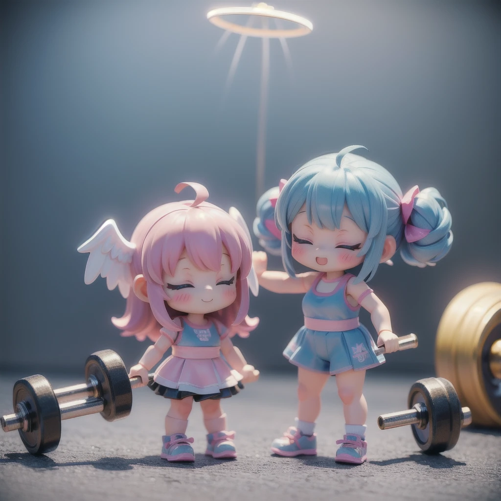 (photorealistic),angel girls,((girls with angel's wing,angel halo floats above her head),various hairstyles and haircolors,(nendoroid figure), miniatures,illustration,very happy smile,mouth open,angels ((lifting dumbbells)) at the gym,whole body,dynamic pose,training equipment,three-dimensional,3D renderingPerfect face,Collagen texture,