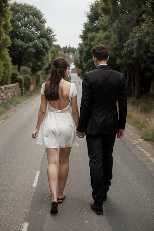 Scenery of a narrow country road, a dressed-up male and female couple walking, rear view