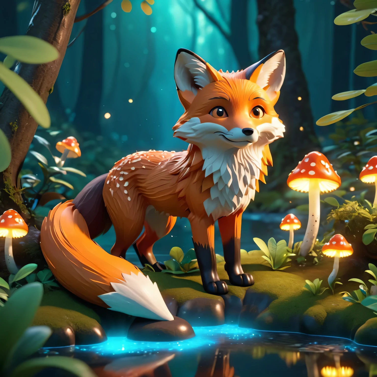A full body close-up photo of a cute fox). Tall trees, Quiet stream, glowing little mushrooms, surrounded by delicate leaves and branches, with fireflies and glowing Particle Effects,, Natural Elements, Jungle theme, Butterfly, (glow), (Particle Effects). , Isometric 3D, Octane Rendering, Ray Tracing, Super detailed