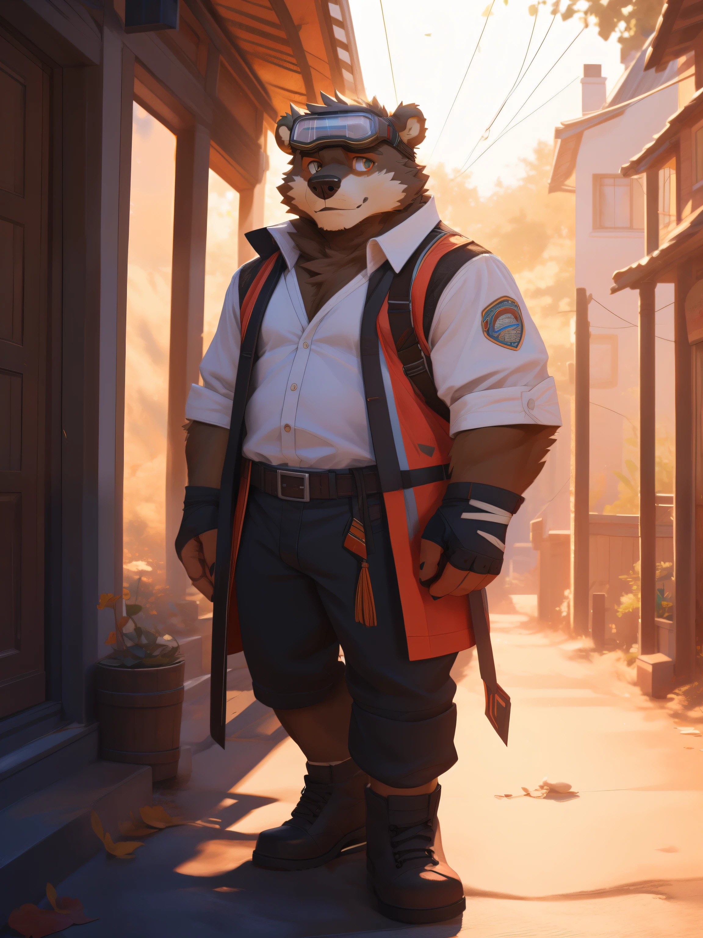 full-length portrait,anthro,hi res,male,strong,Fingerless gloves,Orange Artisan Clothing,Orange clothing,Goggles,a carpenter,Brown Bear,Bandage leggings,Detailed eyes,Delicate eyes,Extremely high detail,8k high definition characters,Afternoon Sunshine,A calm look