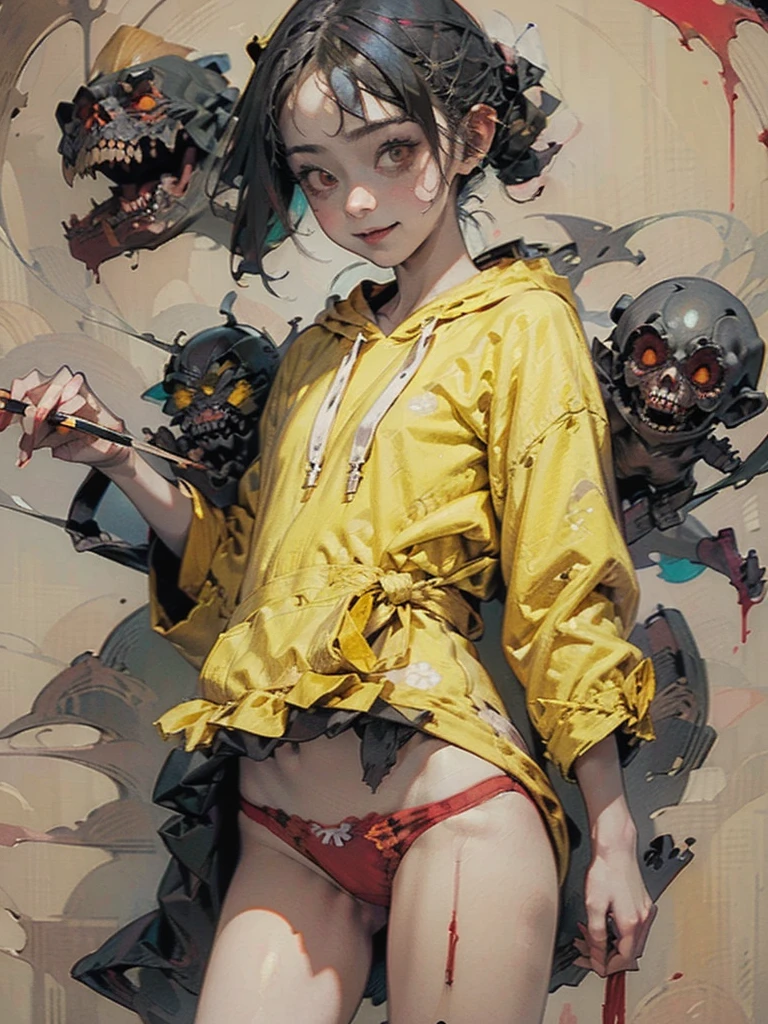 ((Girl smoking a cigarette、Yellow hoodie、Red panties)), scribble, nightmare, Doll-like face, Manga style, rough sketch, , (masterpiece), (High resolution), (Very delicate), (clear), Comic style illustration,(Horror elements), Japanese painting illustration, whole body,(snap shot),crazy illustration, antique, Dark atmosphere, Flat Illustration, Creepy Appearance, Characteristic hairstyle, creative accessories, Unique atmosphere、Cute Smile