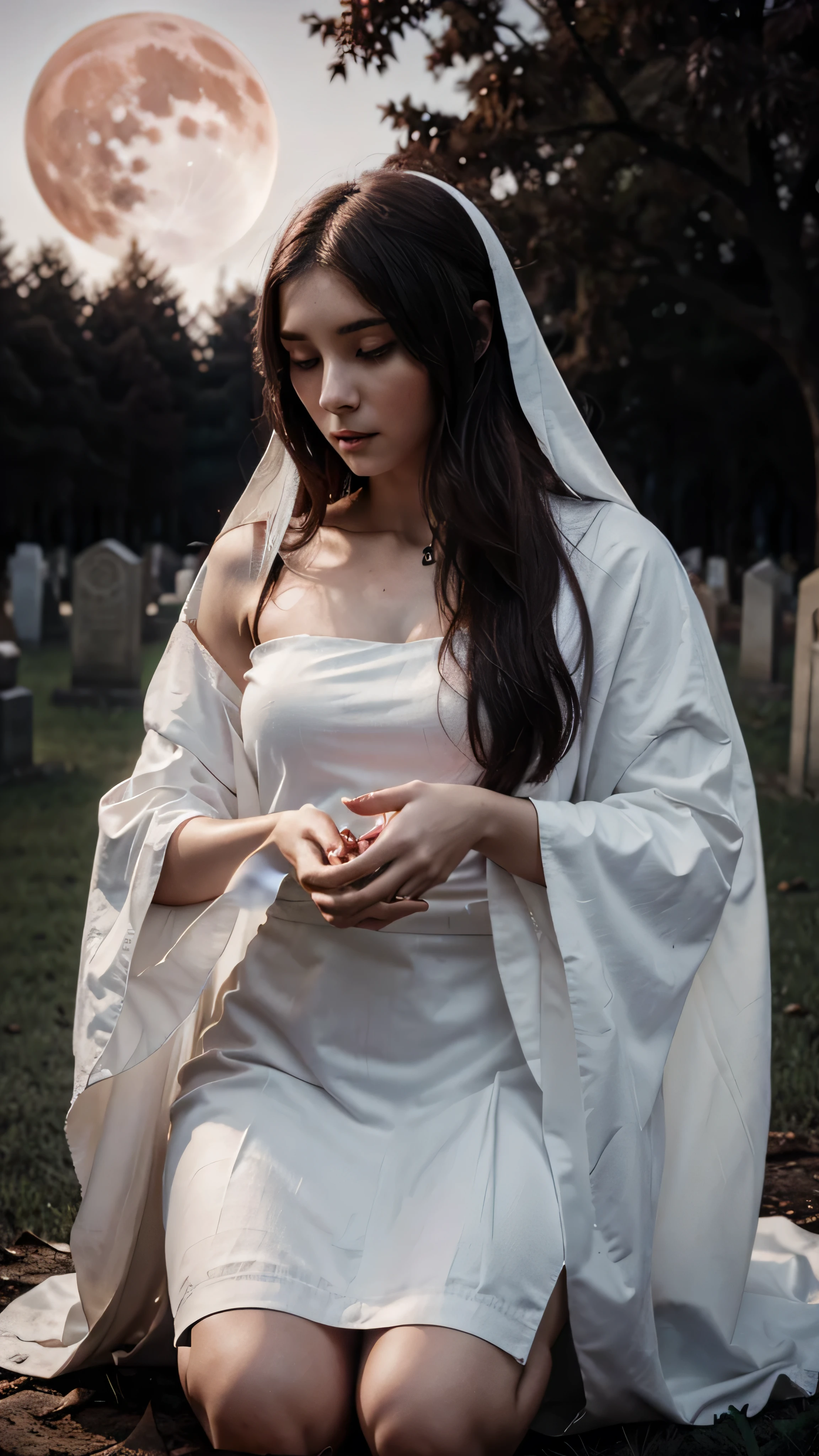 Young beautiful white cloth maiden offers her soul to demon king, in cemetery full of dark trees and graves on blood red moon night . 4k hyper realistic image 4k ultra hd.