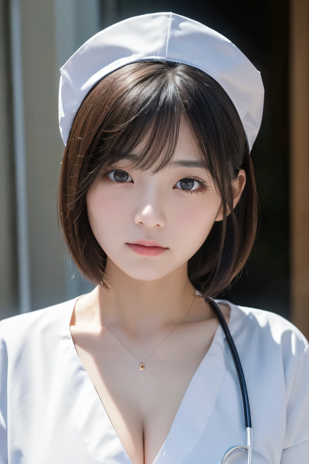 (1 Girl)、(Beautiful Japanese、18years old,round face、Refreshing、clear、seems kind、stylish、Pitiful、cute like an angel、cute、black eyes、,actress,Almond-shaped eyes,Translucent white skin、Beautiful skin), Good style , (Beautiful big breasts:1.2),(soft breasts),(very cute),(Black hair),(short bob hair),(enchanting eyes),(highlight on eyes:1.2)、(8K、Live shooting、highest quality、masterpiece:1.2、optimal lighting)、((masterpiece)),(Photo taken by a professional photographer),(real、photo real:1.4),break,{ (White nurse costume),(((taraditional nurse uniform))),,{(White nurse tight pants)},(cleavage:1.2)},( Crying in tears:1.2),(tears:1.4))(cheeks are red:1.2), break, break,Old abandoned hospital,Face shot:1.3、 night、looking away, face close-up,Looking up、sitting、（Both eyes closed:1.3）