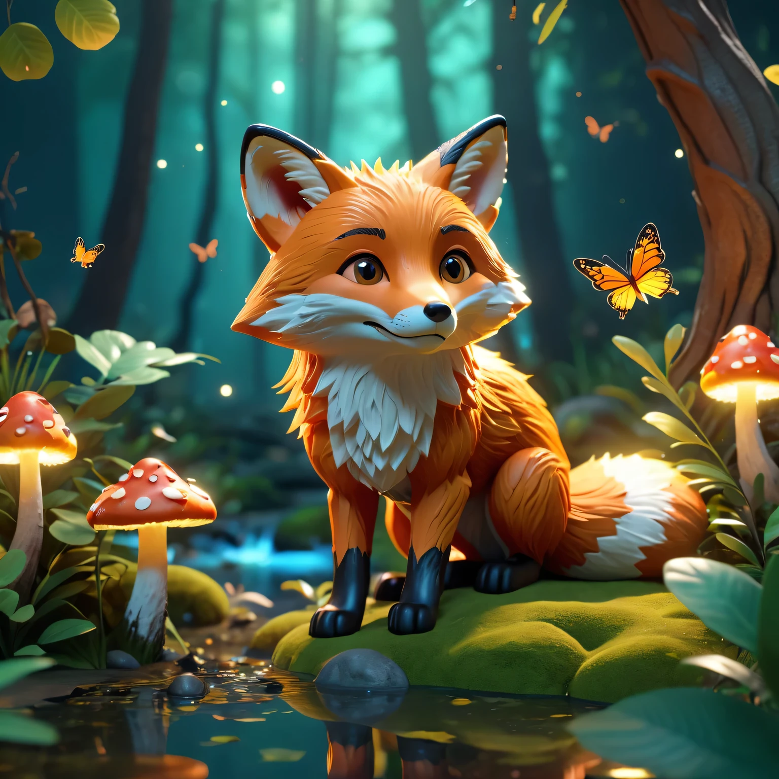 A full body close-up photo of a cute fox). Tall trees, Quiet stream, glowing little mushrooms, surrounded by delicate leaves and branches, with fireflies and glowing Particle Effects,, Natural Elements, Jungle theme, Butterfly, (glow), (Particle Effects). , Isometric 3D, Octane Rendering, Ray Tracing, Super detailed